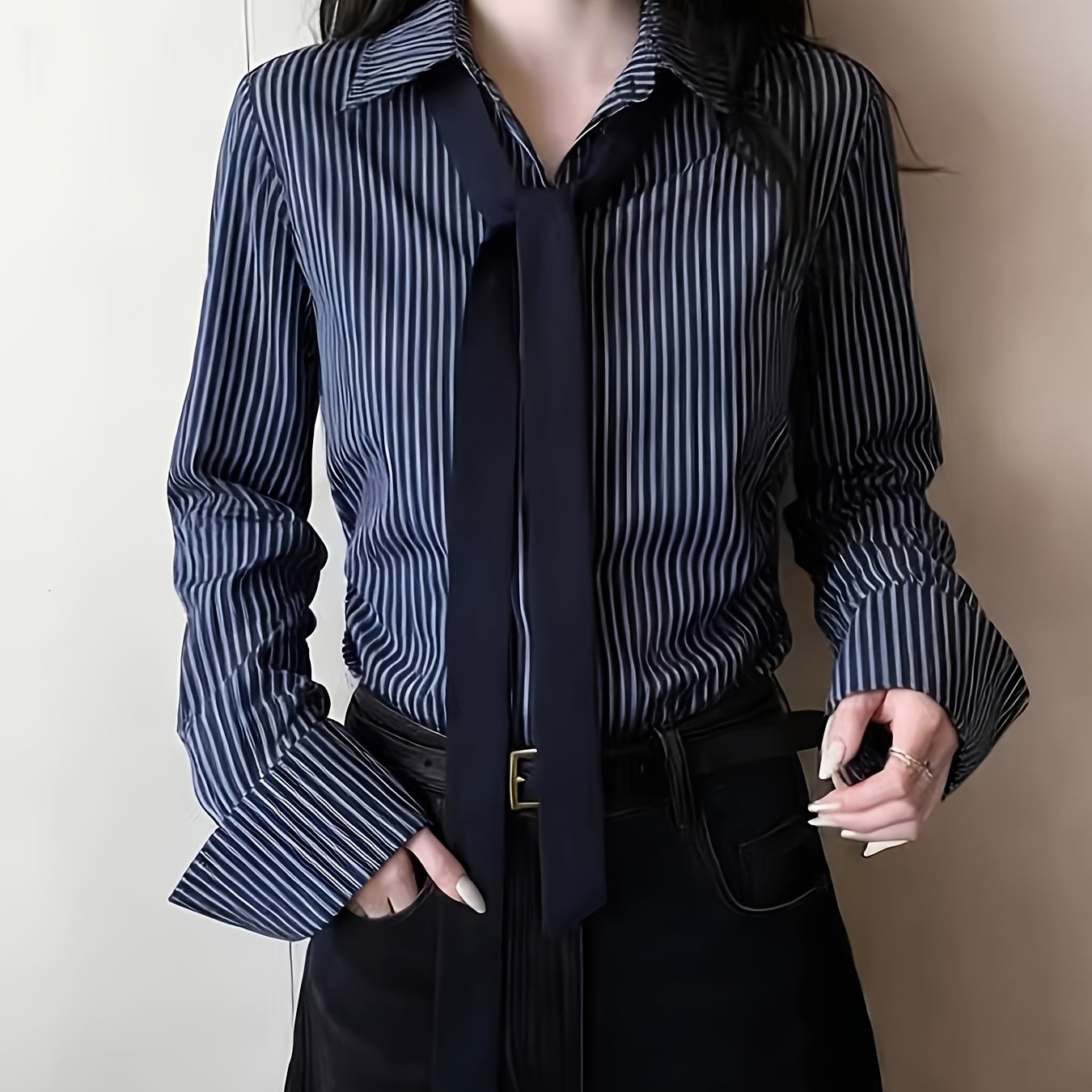 TEMU ネイビーブルー 長袖レディースシャツ 通勤用 新作 で美しいストライプシャツ ウエストトップ タイ付き
