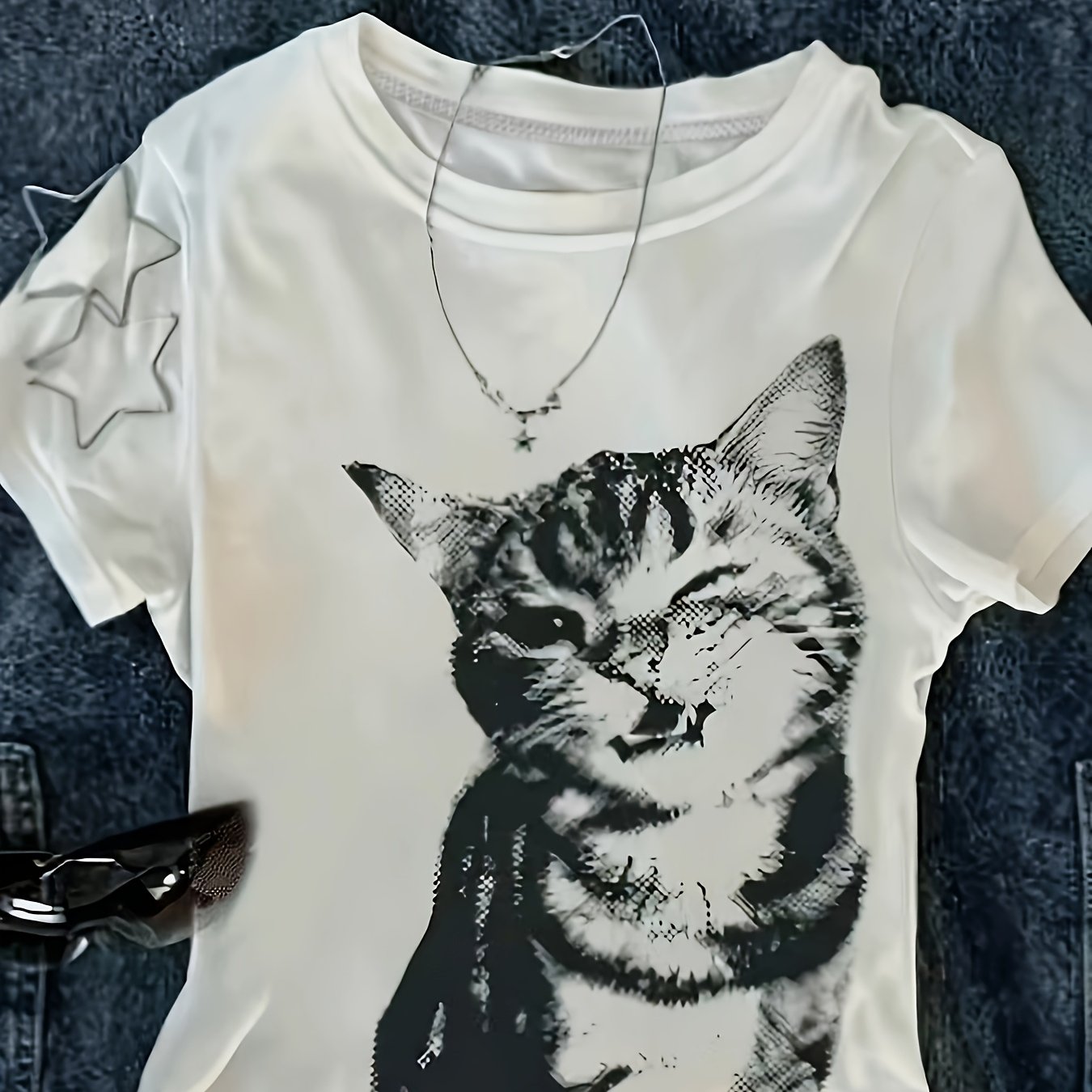 TEMU Cat Print Women's Casual Short Sleeve Tee