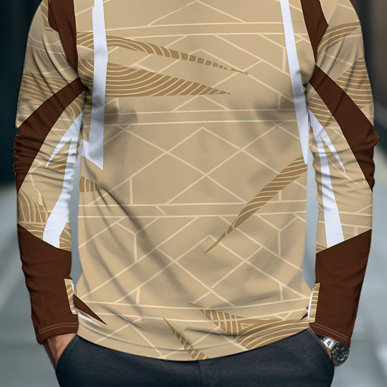 TEMU A Long-sleeved Top With Brown Base And Brown-and-white Geometric Lines, Featuring A