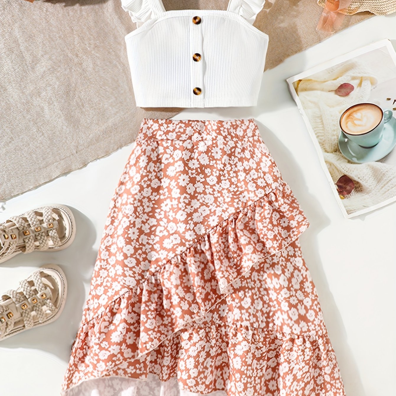 Image of Bohemian Beach Skirt Set 2pcs Girls Summer Casual Outfit Set - Ribbed Camisole & Floral Skirt 2pcs Set - Polyester Stretchy Fabric, Regular Fit, Outdoor Wear