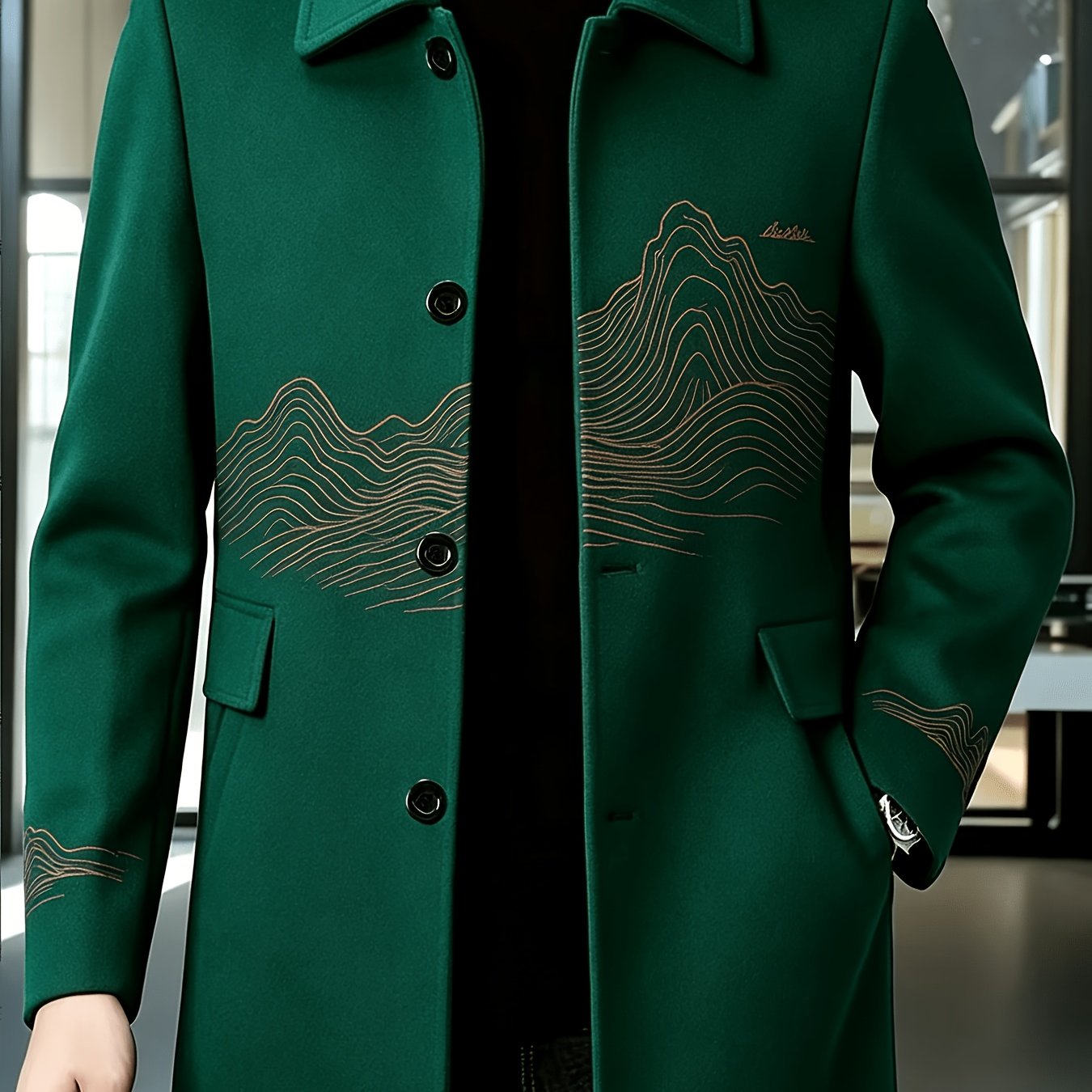Image of Men's Dark Landscape Notch Lapel Single-breasted Mid-length