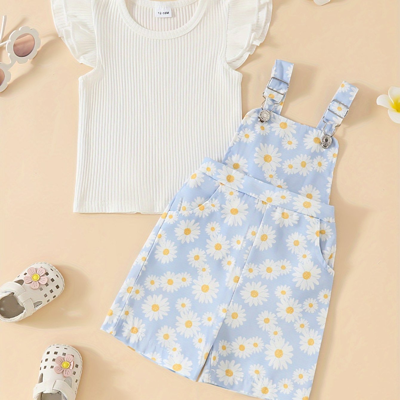 Image of Cute Baby White Puff Sleeve T-shirt And Overalls, Girls' Floral Print Outfit, For Outdoor