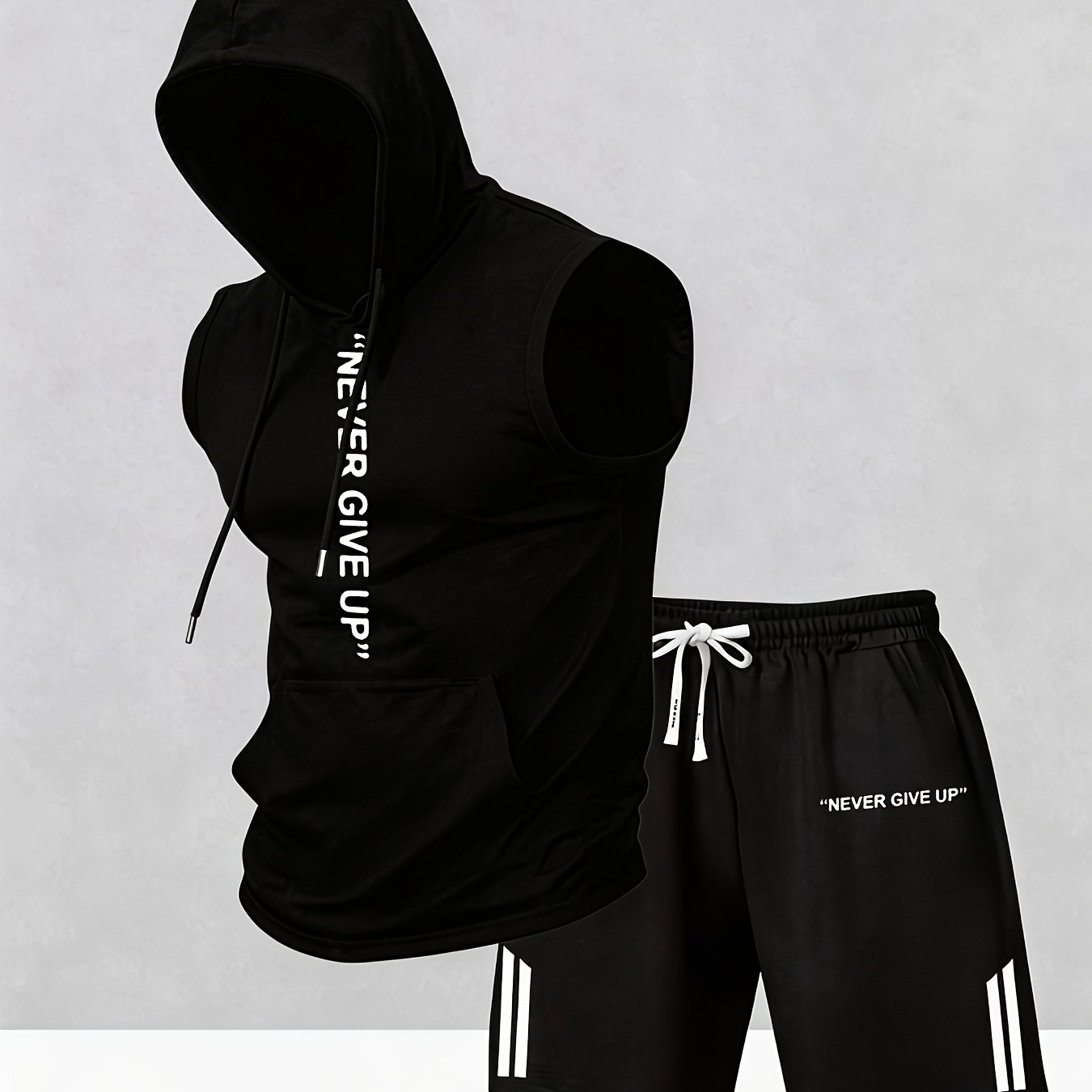 TEMU Never Give Up" Vertical Print Sleeveless Hooded Vest   Shorts 2pcs Set Men's Summer Fitness Training Outfit