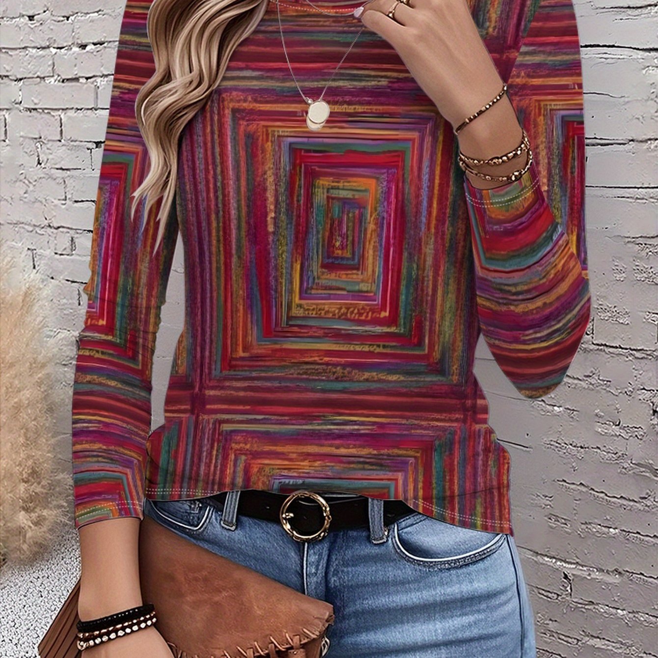TEMU Diseño único, colorido, diseño visual, combinación de líneas, puntos y planos, nueva camiseta de otoño/invierno de larga y cuello , estampado ,