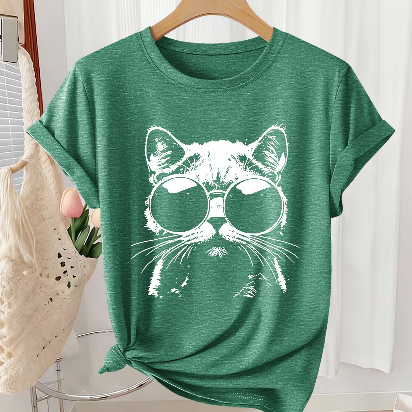 TEMU Women's Summer Plus Size Top | Sunglasses Easy Silhouette Print T-shirt | Aloof Cute Cat Trendy Loose Round Neck Short Sleeve | 2026 Summer