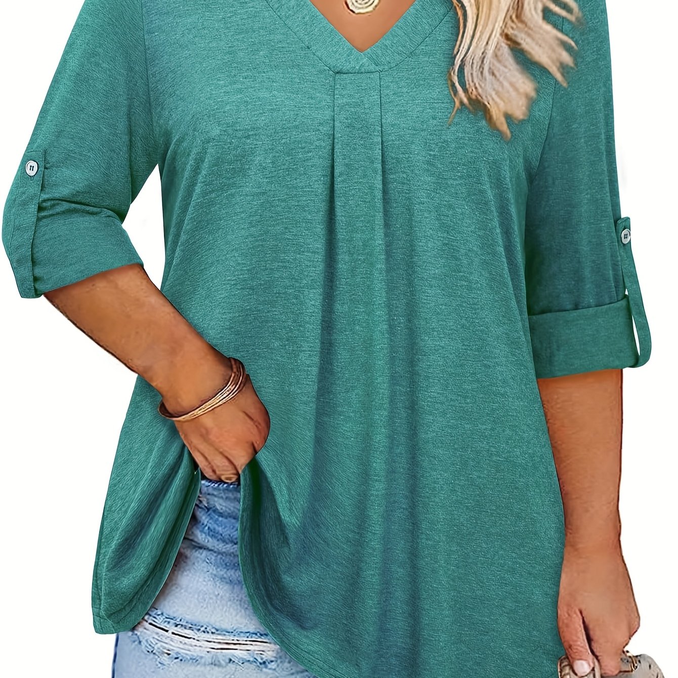 Artikelbild plus-size damenbluse mit 3/4-arm und v-ausschnitt - leichte, atmungsaktive tunika im  -freizeit-stil, einfarbiges knopfleisten-design für frühling sommer herbst, nur handwäsche