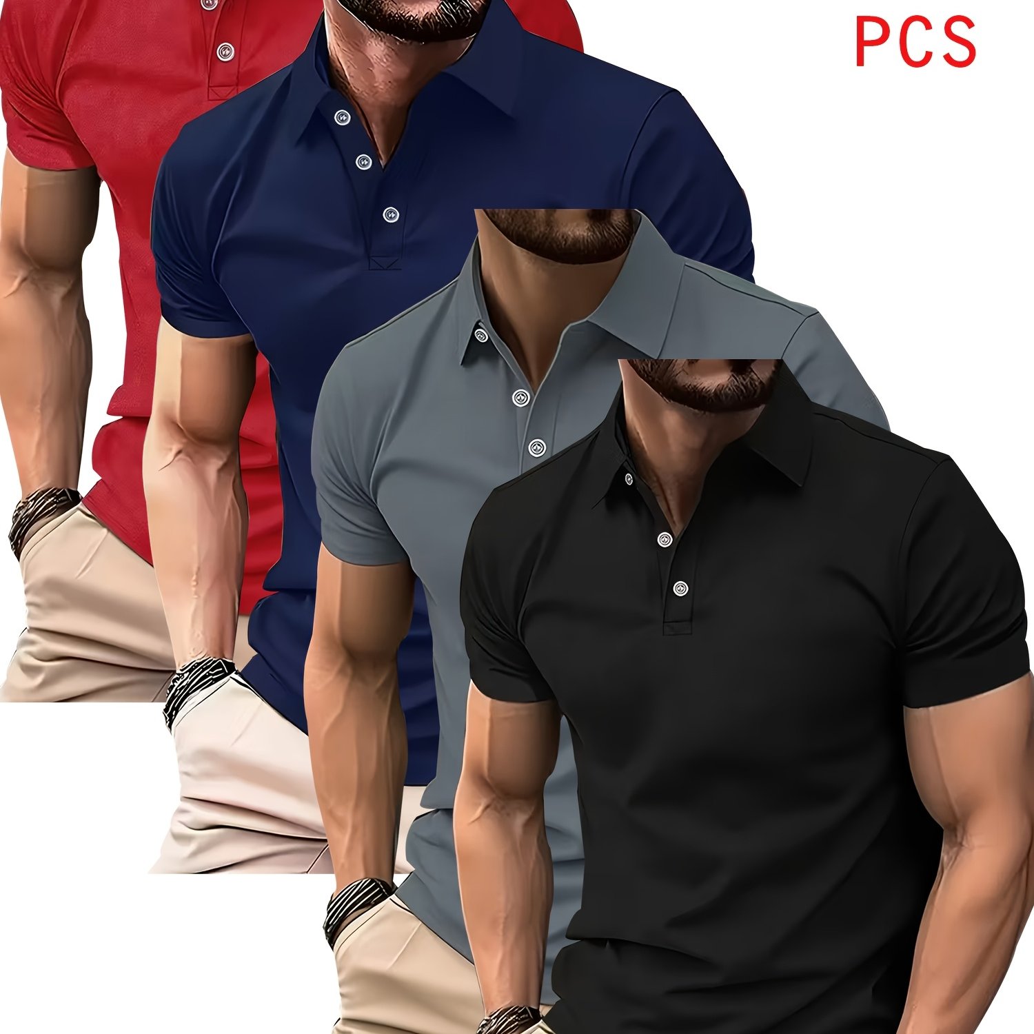 E-shop 4er-Pack schnelltrocknende atmungsaktive Polo-Shirts – einfarbige Kurzarm-Button-Down-Shirts mit Reverskragen, leichtes Stretch-, geeignet für ,