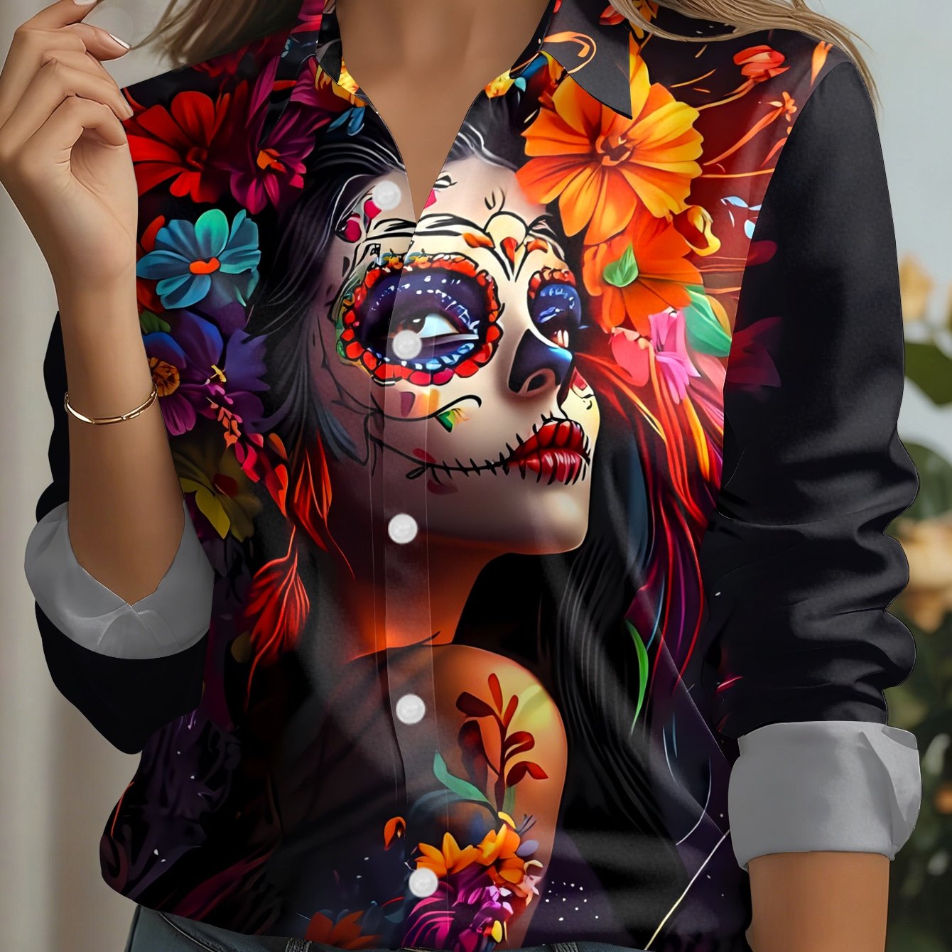 TEMU Spring/autumn New Women's Long Sleeve Shirt, Sugar Makeup Woman, Head And Body Surrounded By Flowers, Vibrant And Mysterious Colors, Printed