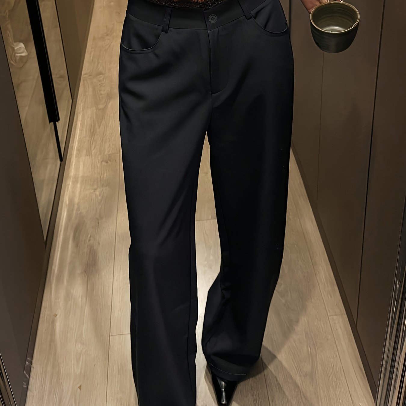 TEMU In Stock   Bk1204110   New Elegant And Stylish High-waist Straight-leg Pants With Lace Waistband Trim For Women, Black Wide-leg Trousers   In