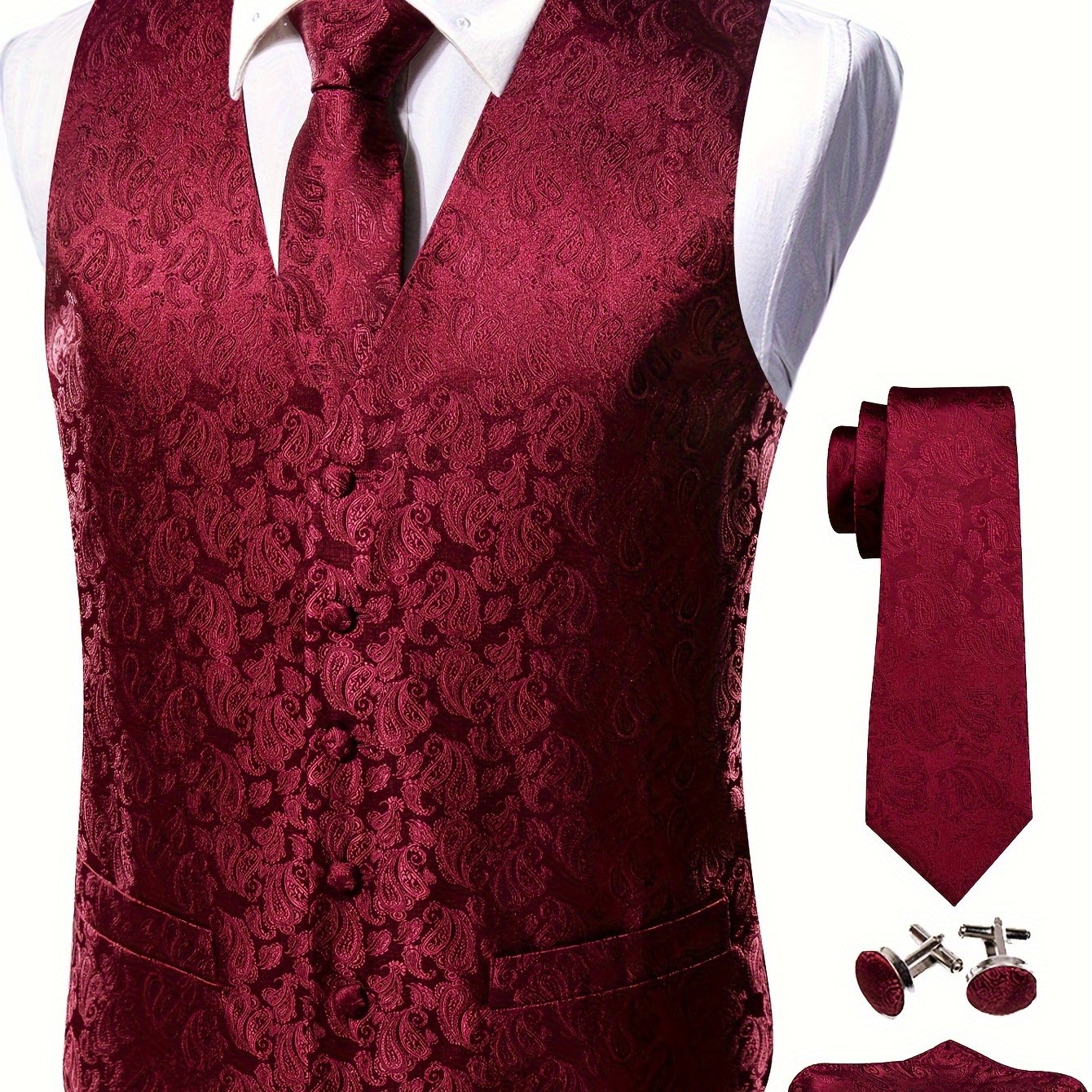 Image of Men's Casual Sleeveless Fashion Waistcoat Paisley Design, In Sizes S To Xxxl In Burgundy Red