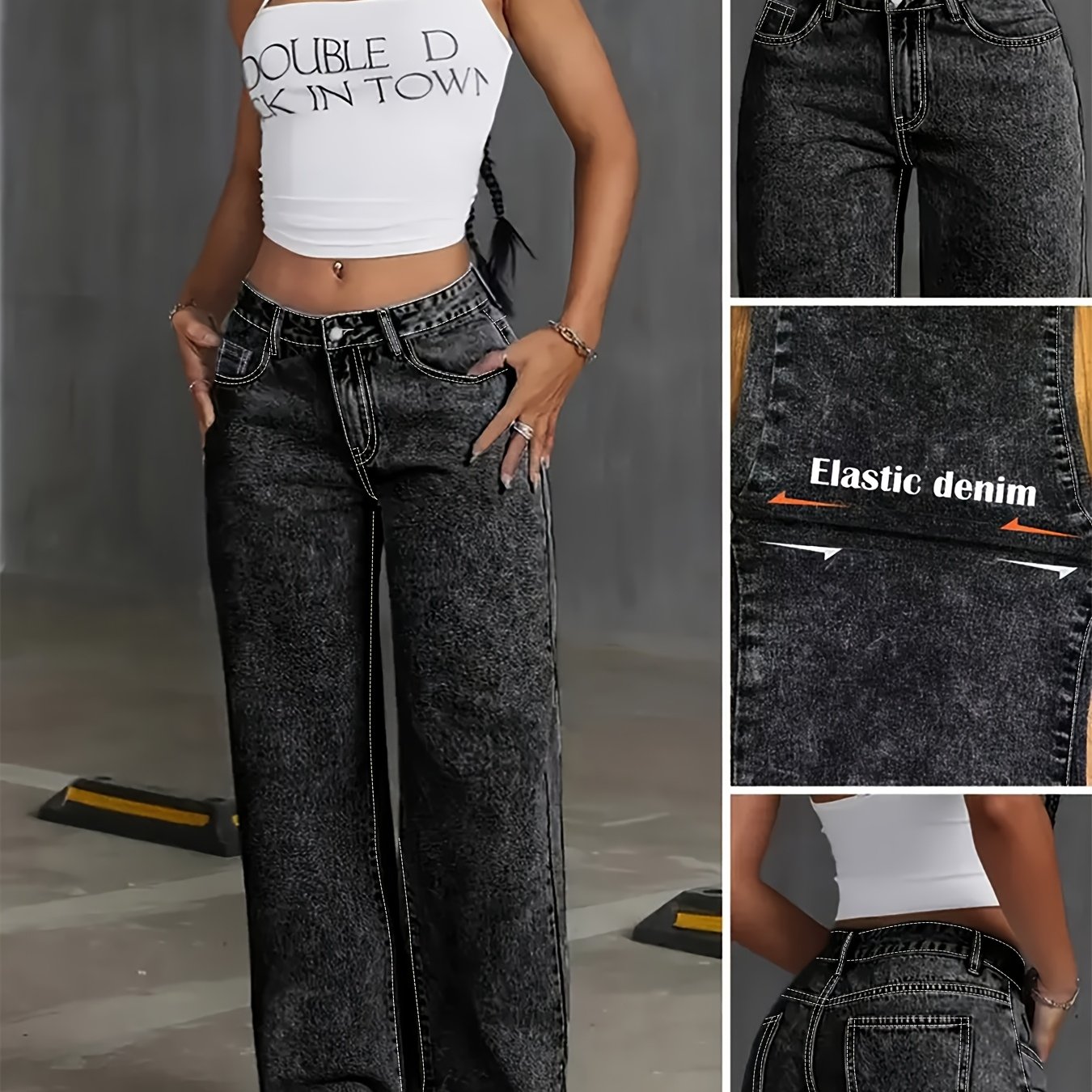 Image of Women's Plus Size Fashion High-waist Straight-leg Jeans, Casual Denim, High Stretch, Solid Color, With Snowflake Wash, Pants