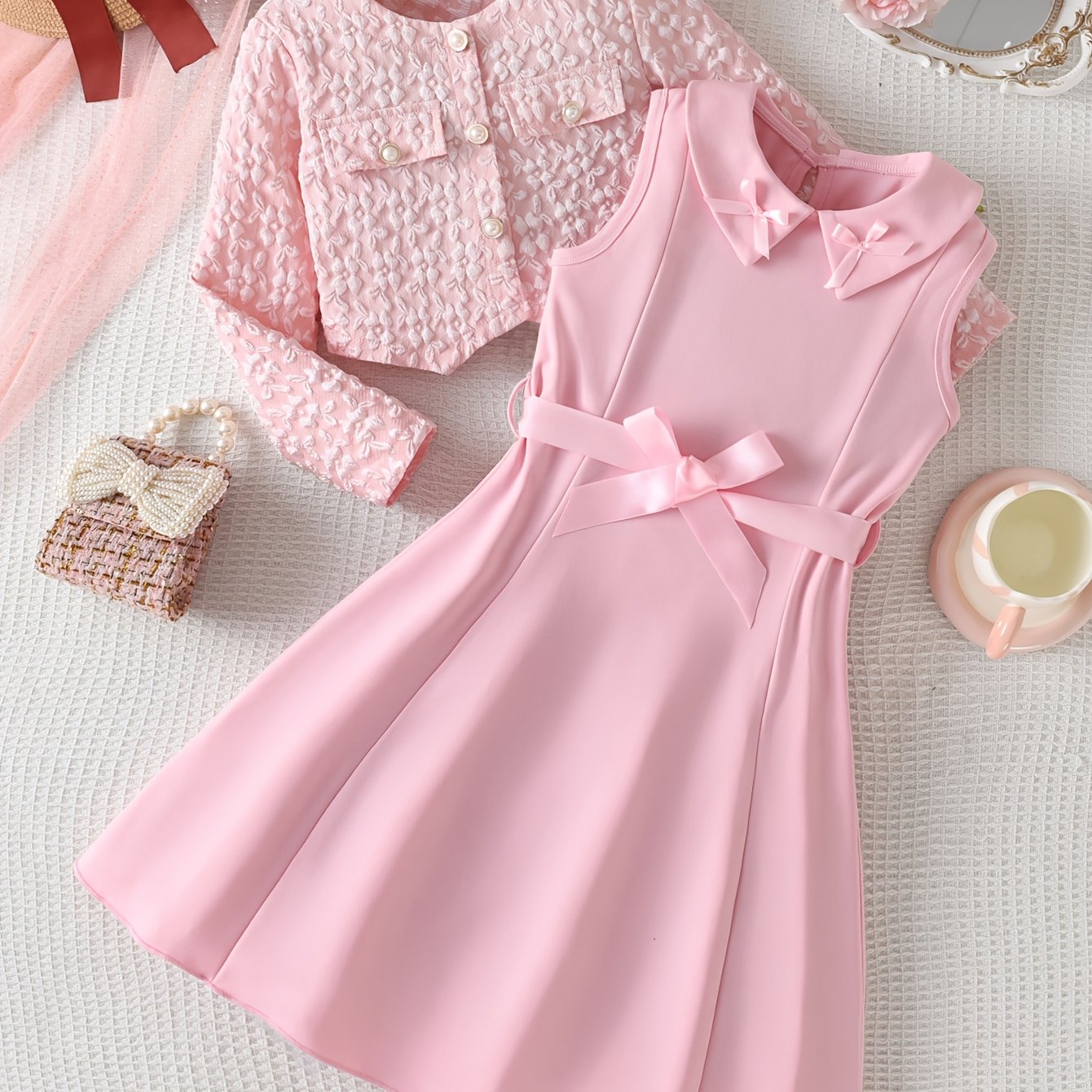 Image of Girls' Autumn Two-piece Set: Faux Pocket Round Neck Long Sleeve Jacket And Bow Collar Vest Dress With Belt, Stylish Versatile For Daily Casual Wear & Outdoor Activities