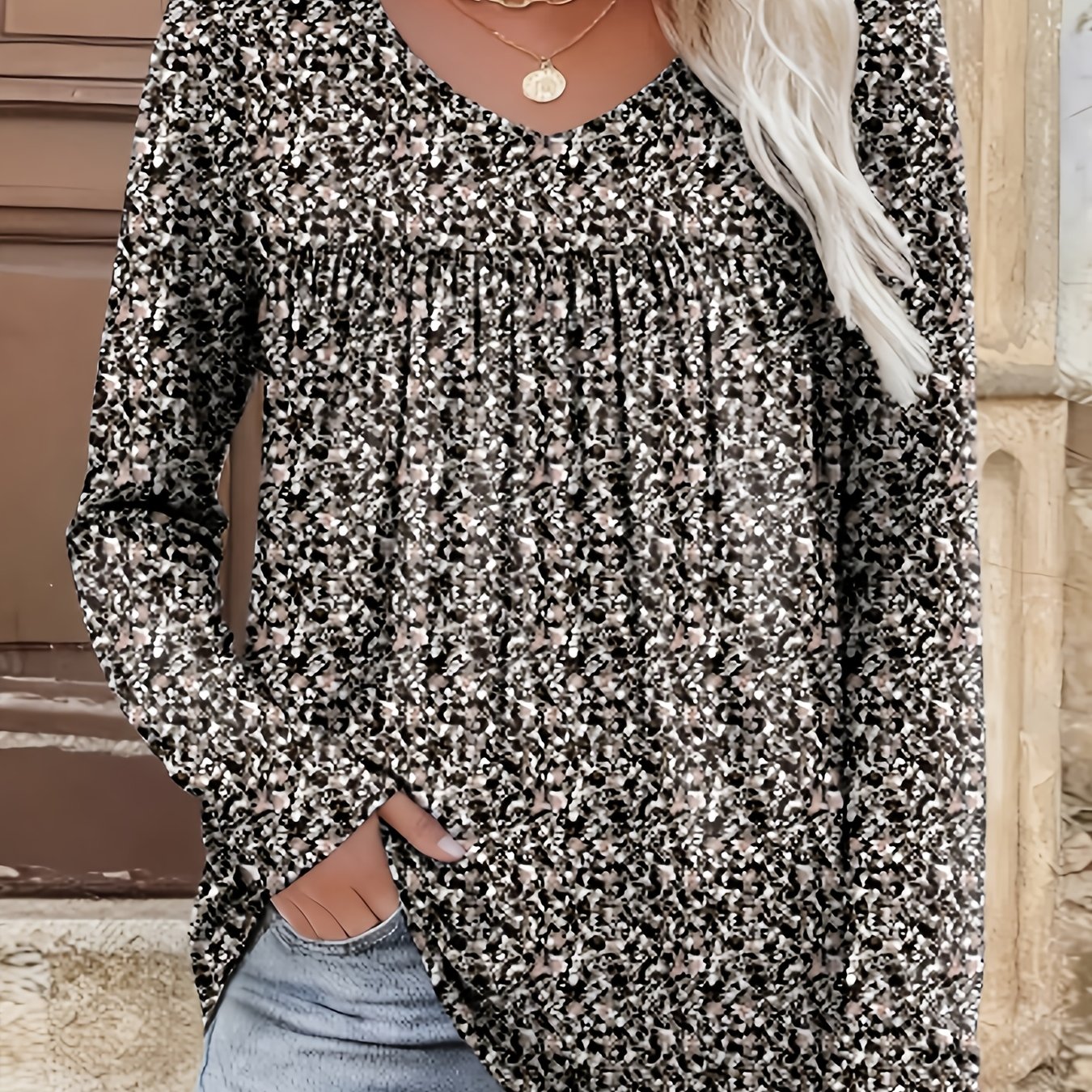 TEMU Plus Size - Plus Size - Women's Plus Size Elegant Long Sleeve Floral T-shirt, Pleated V-neck Top, Medium Stretch, Machine Washable, For Autumn