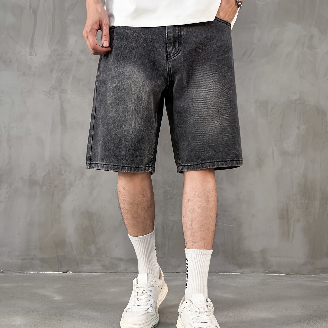 Image of Summer 's Denim Shorts, -pocket , Black Grey Distressed Wash, Loose Wide Leg 5 Inch Knee-length Shorts - Gengyuan Products