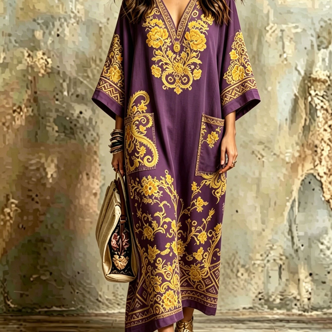 Image of Plus Size - Summer Dress For Women Elegant Vacation Plus Size Full Print Maxi Kaftan, Deep V Neck Wide Sleeve Pocket Loose Long Dress, Boho Beach Holiday Flowy Casual Outfit