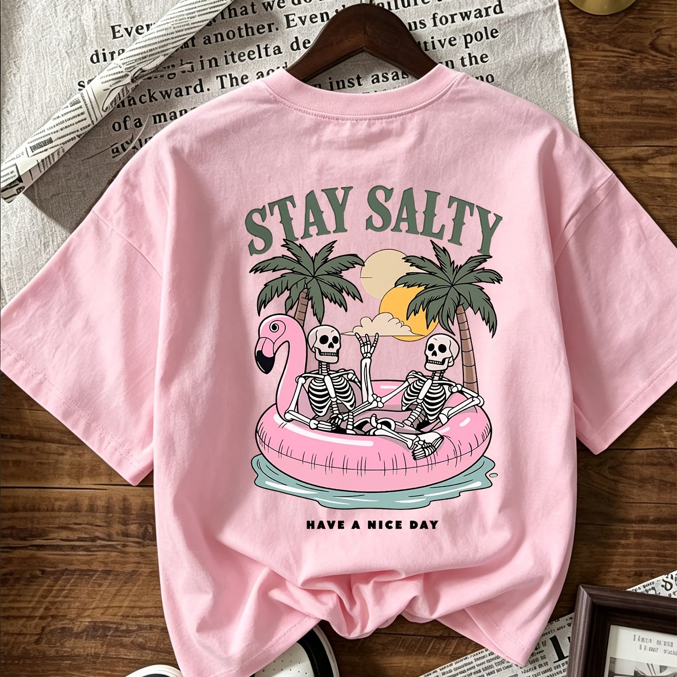 Women's Summer T-shirt Skeleton Flamingo Float Beach Print '' Oversized Casual Graphic