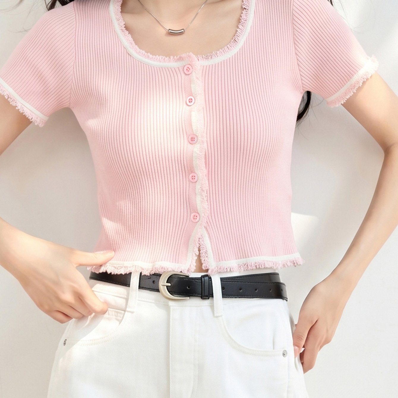 TEMU 퓨어 디사이어 쇼트 아이스 파이버 원단 라운드 넥 태슬 레이스 반팔 탑 가디건