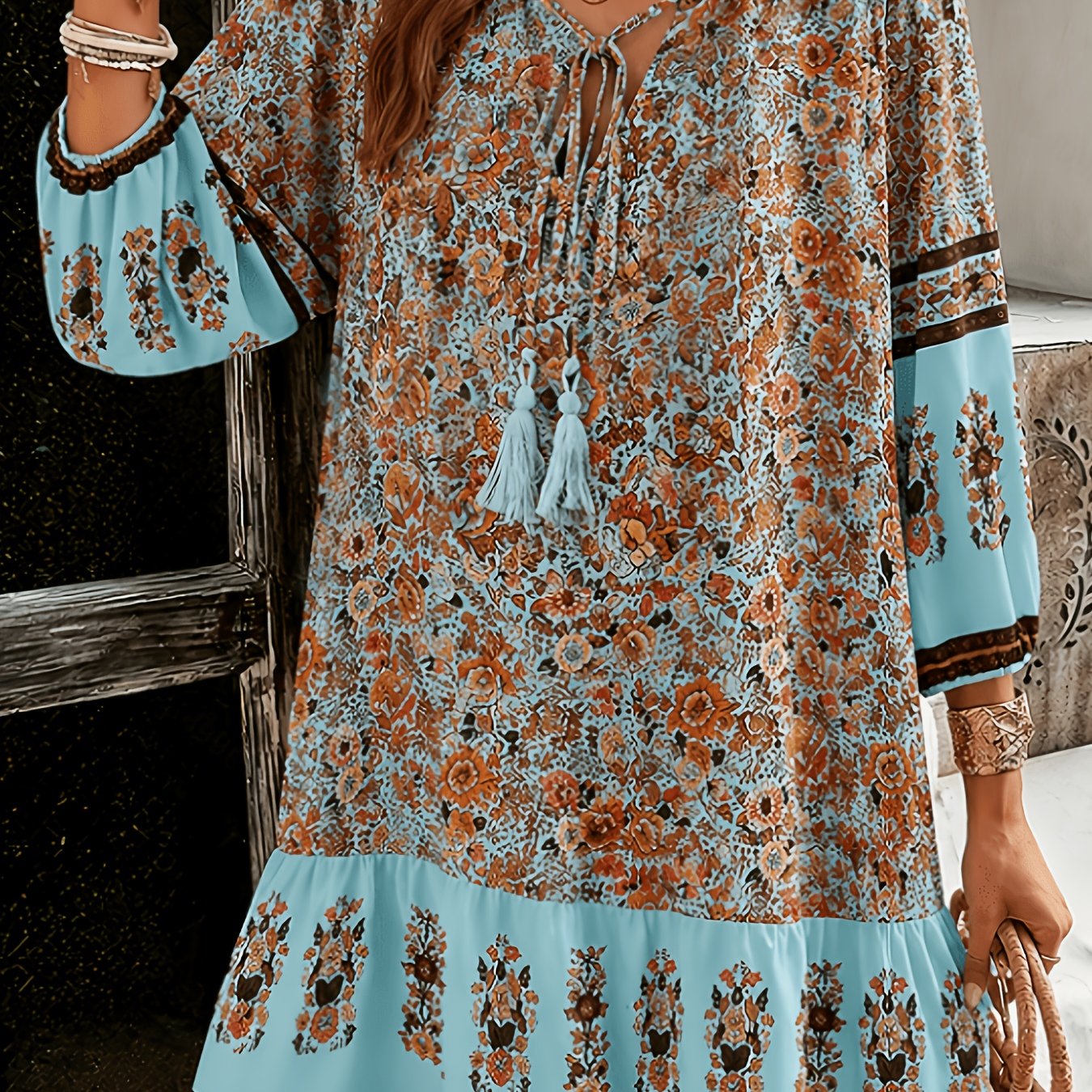 Image of Plus Size - Plus Size - Ethnic Style Floral Print Tie-neck Dress, V-neck Loose Casual Plus Size Elegant Three-quarter Sleeve Dress
