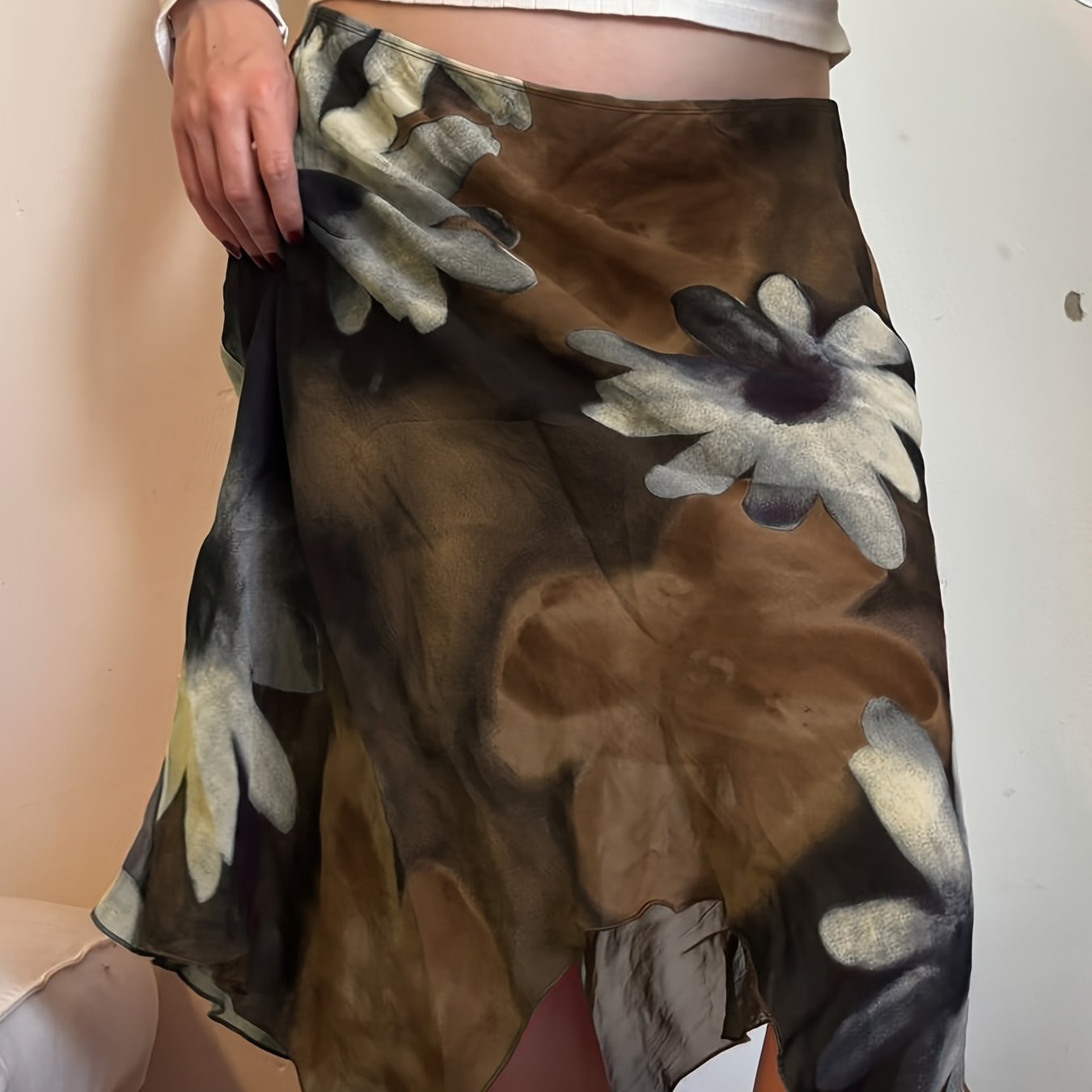 TEMU Spring And Summer Retro Large Floral Print Mesh Skirt Commuting Party Women's Irregular Mid-length Skirt Directional