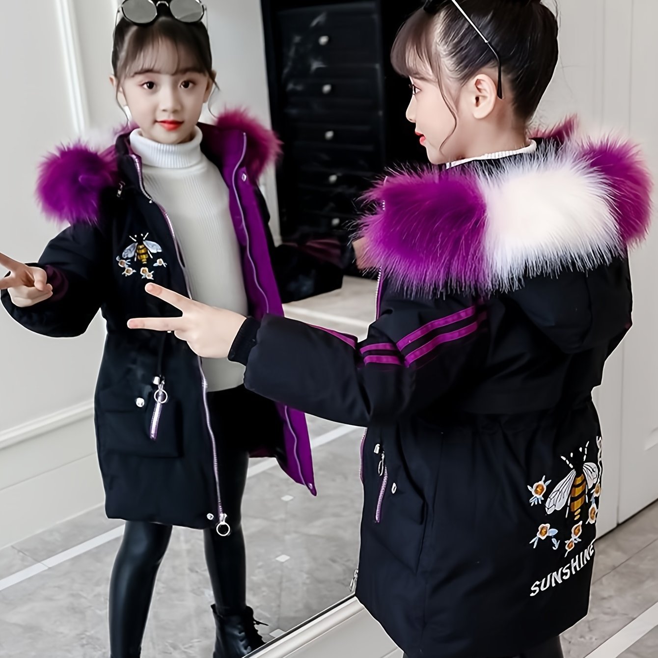 TEMU Veste d'hiver mi-longue à capuche et color-block pour filles, veste décontractée chaude et amincissante pour enfants, avec fermeture éclair et
