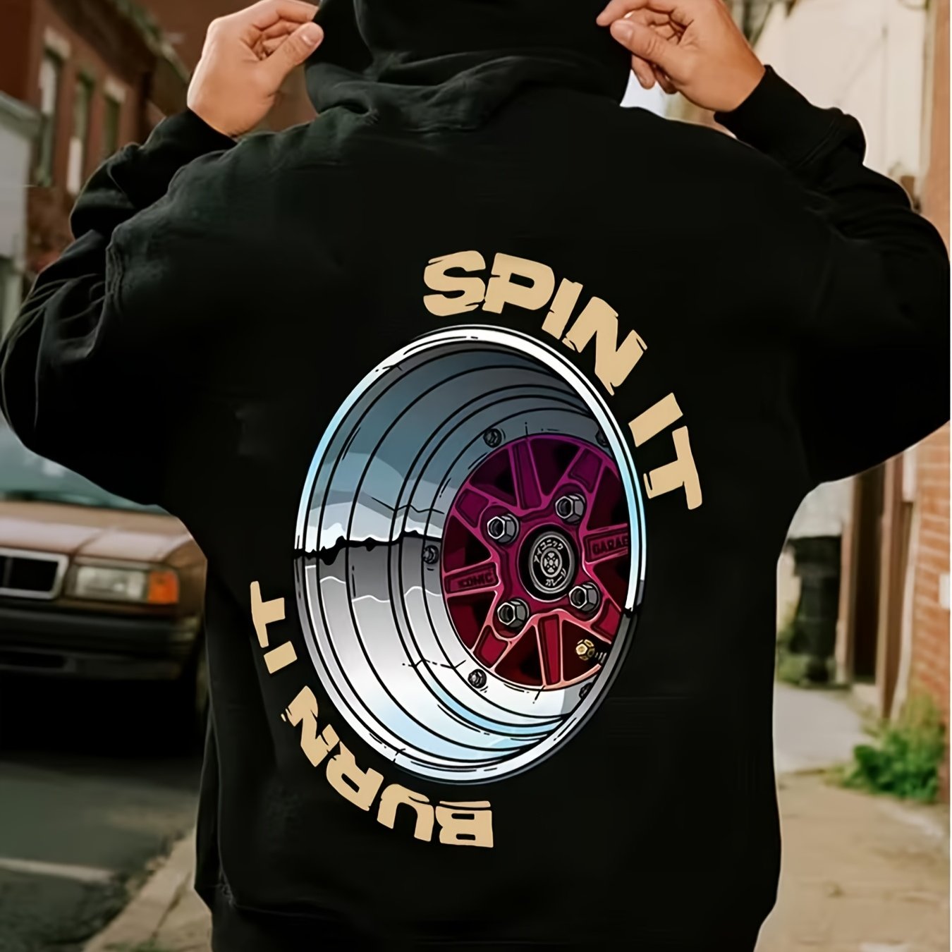 TEMU 2026 Plus Size Men' It Car Wheel Print Loose Comfortable Popular Car Style Y2k Oversized Unisex-unisex 2026 Couple Sweater Hoodies