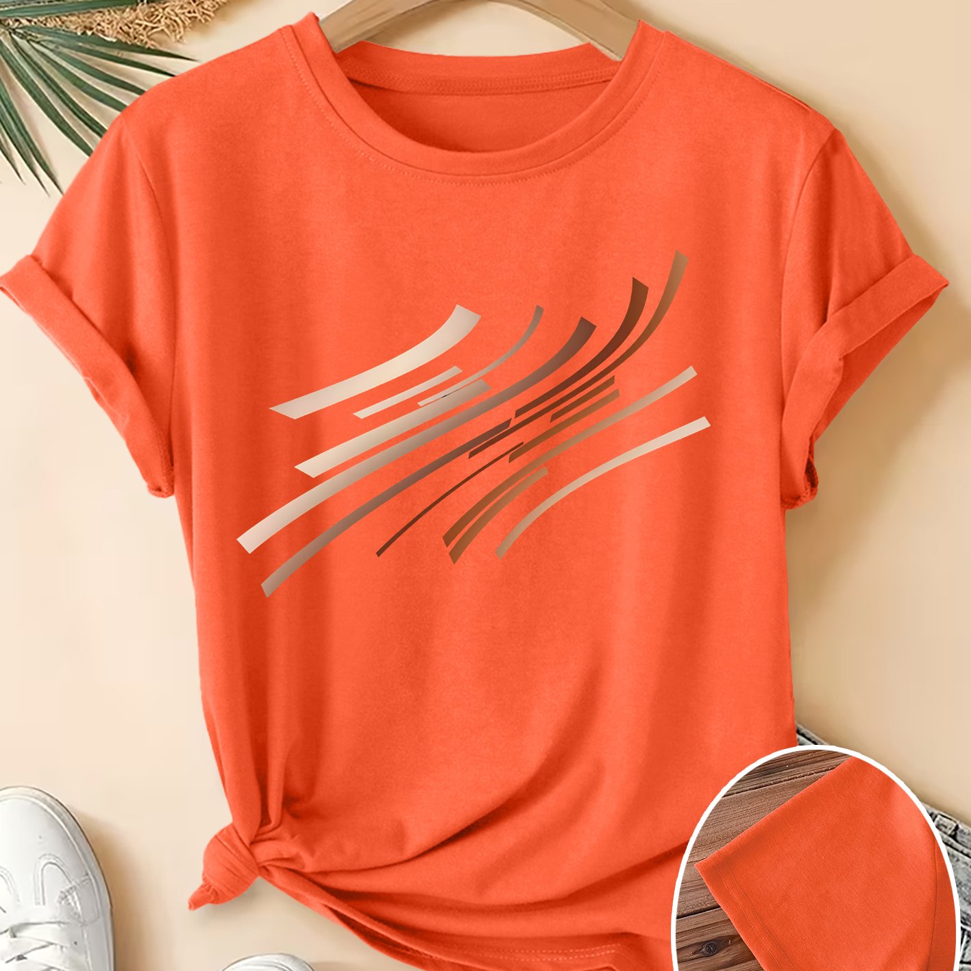 TEMU Women's Summer Clothing, Brown Tone Diagonal Stripe Print Round Neck Short Sleeve T-shirt, , Fashionable Commute Vacation Daily Versatile Plus