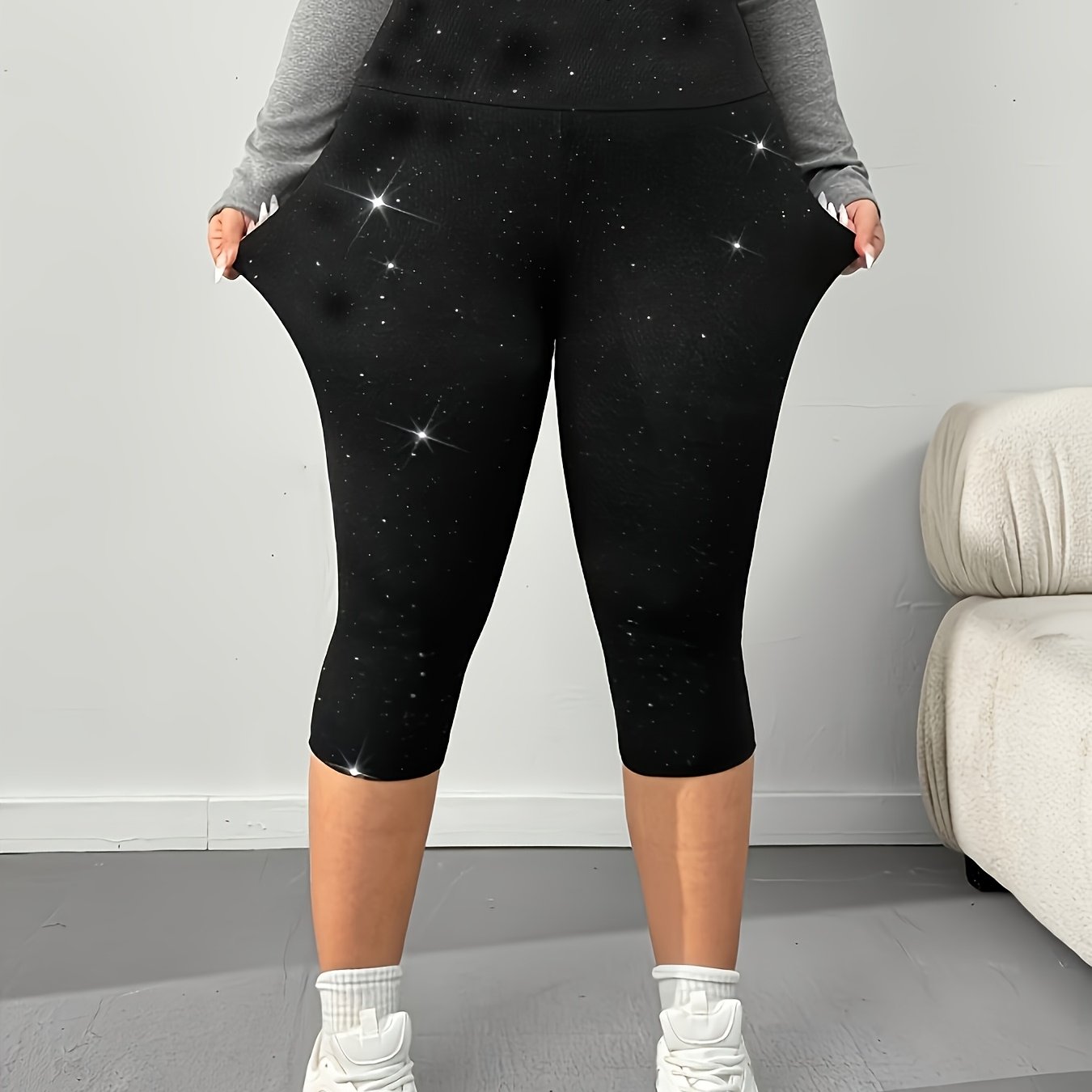 TEMU Plus Size - Plus Size - Women's Plus Size - Beautiful And Elegant - Sparkling Sequined High-waist Capri Leggings