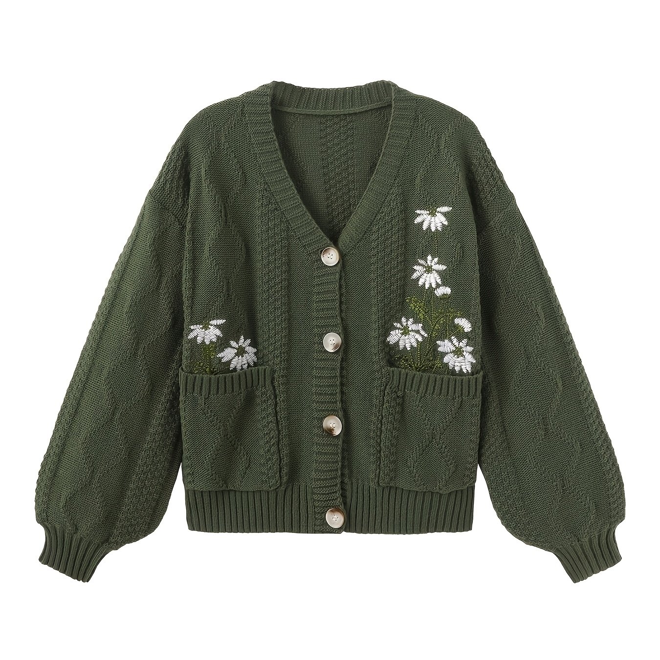 Women's Floral Embroidered Button Cardigan, Casual Long Sleeve Button Front Pocket Fall Knitwear