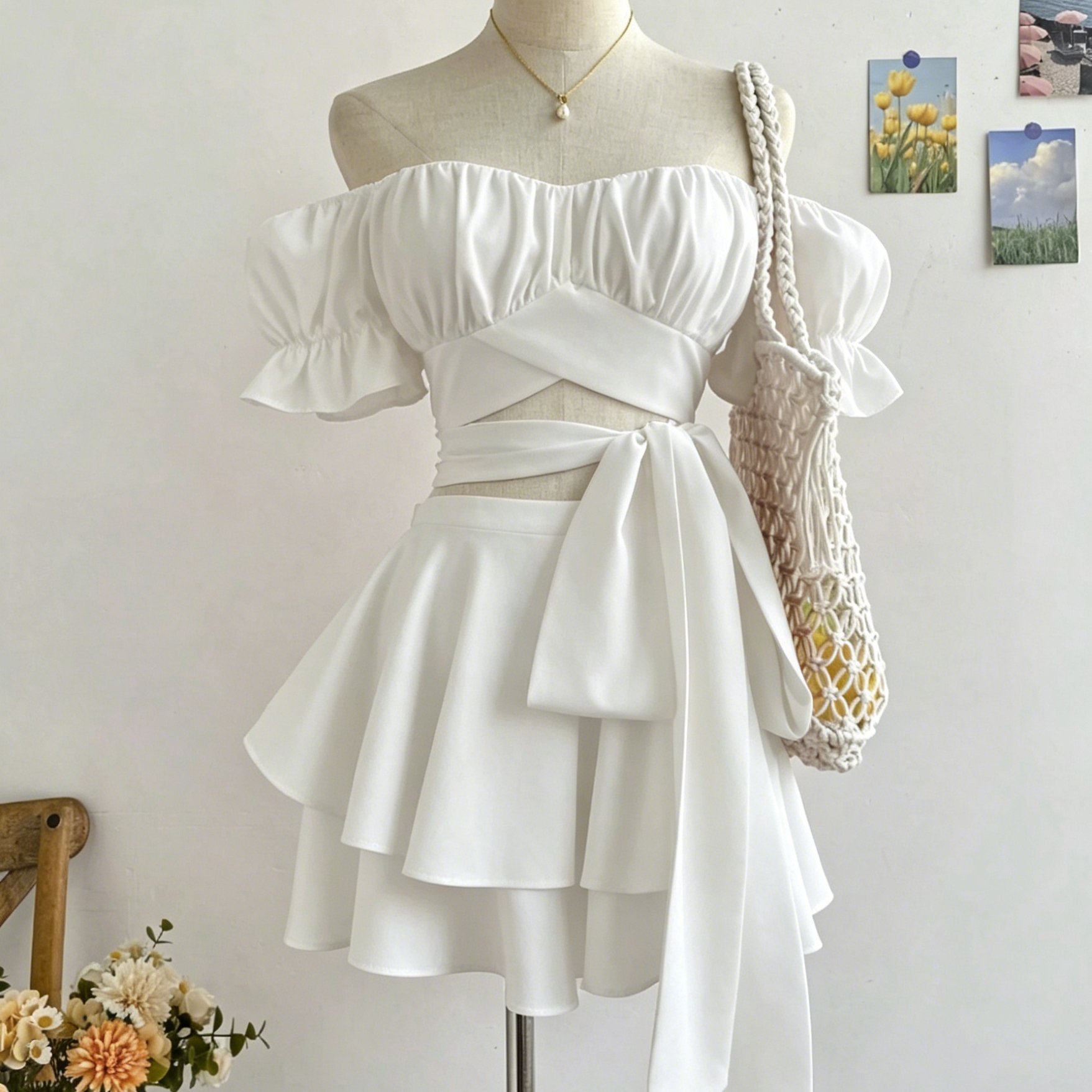 TEMU 【レディース】春夏 ファッション マルチカラー セクシー タイショルダートップス & レイヤード 縦縫いヘム ショートスカート セット