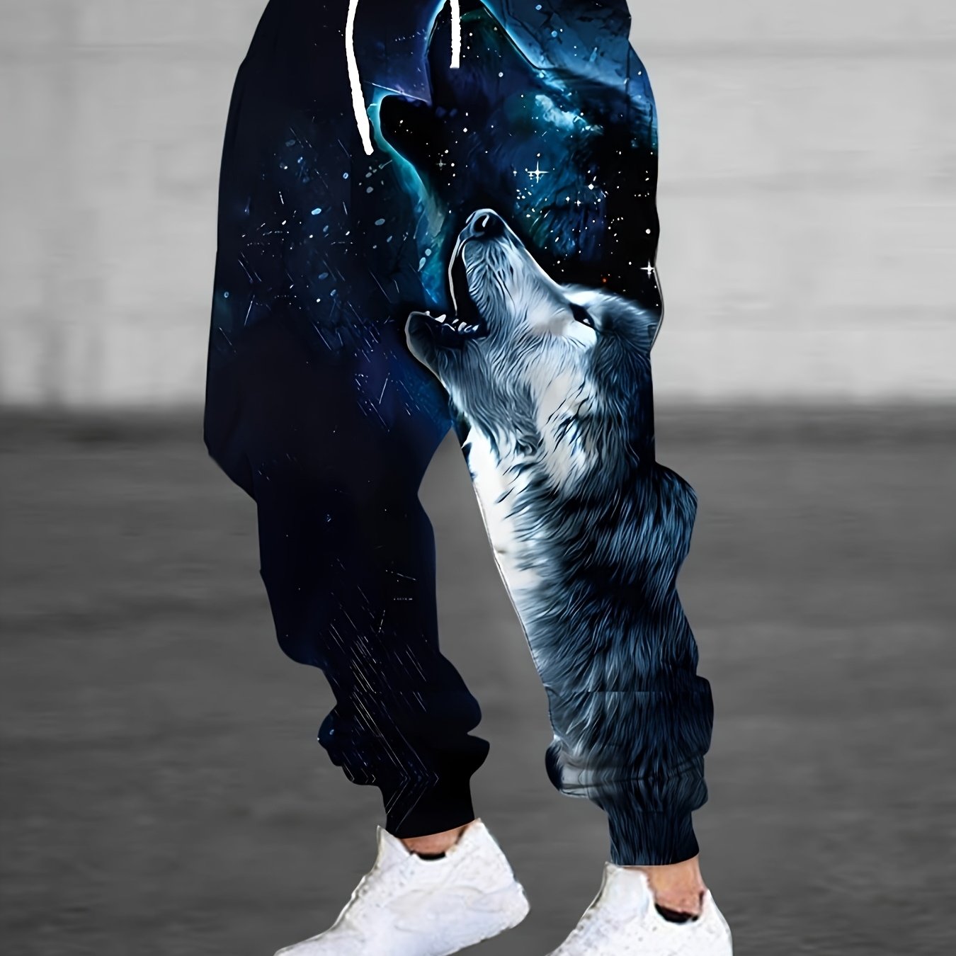 TEMU Fashionable Men's Sports Pants With 3-animal Wolf Pattern Print, Drawstring And Pockets, Plus Size