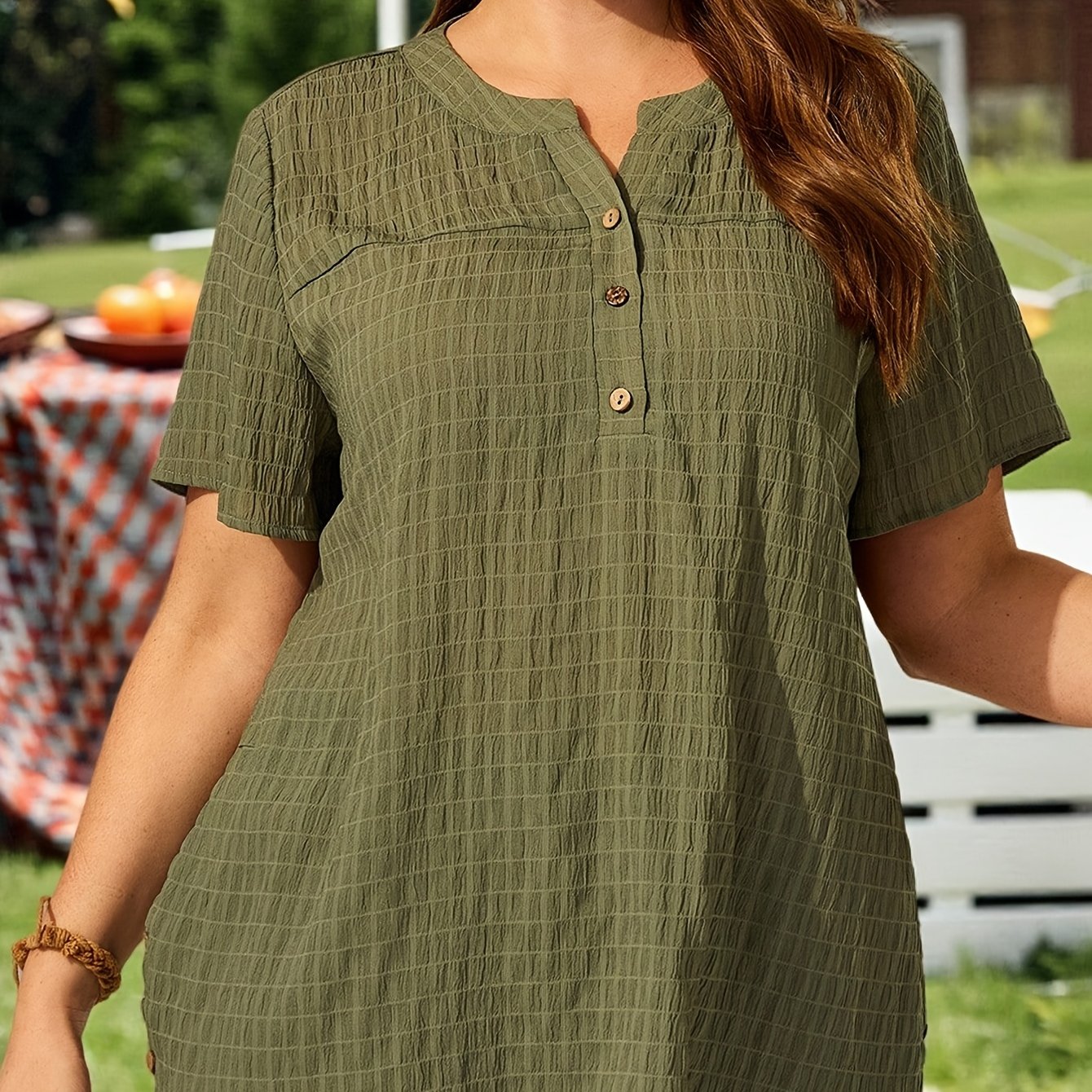 TEMU Plus Size Loose Short Sleeve, Pleated V-neck Half-button Shirt, Casual Textured Commuter Versatile Top