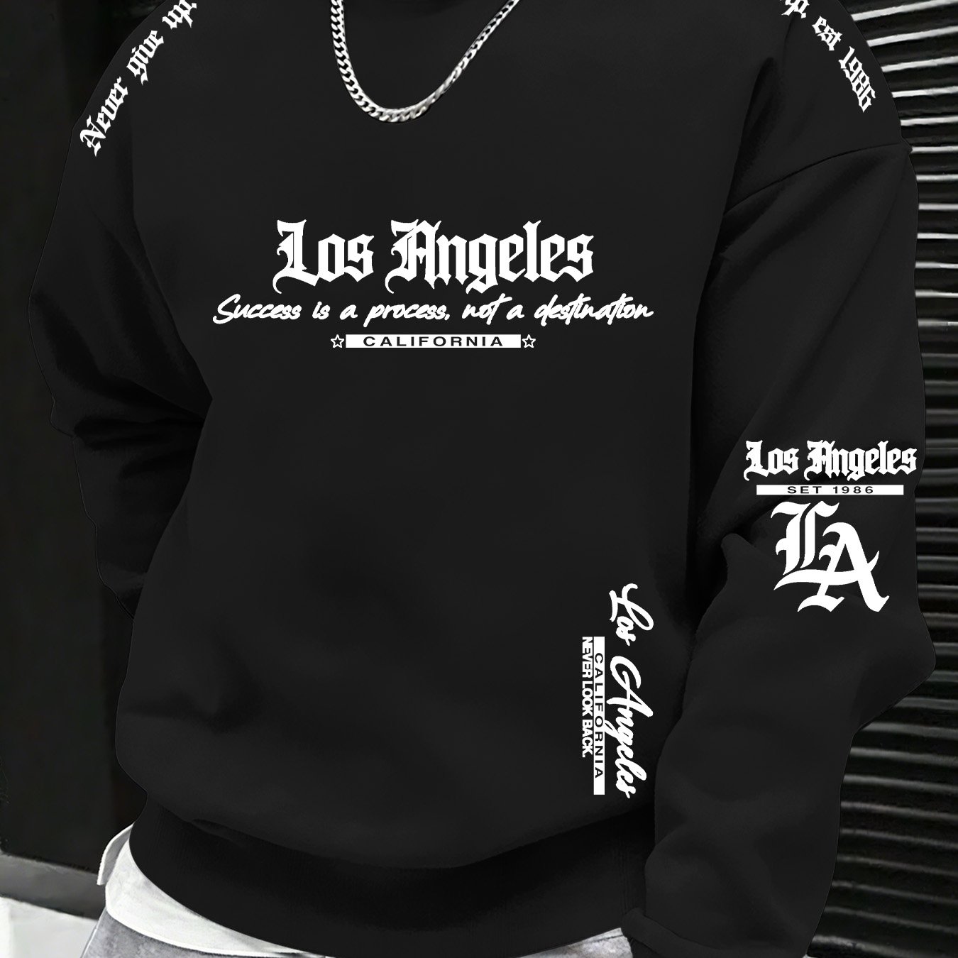 TEMU Trendy Men's Minimalist Round-neck Sweatshirt, Featuring Gothic City Names And Multiple Growth-themed Designs
