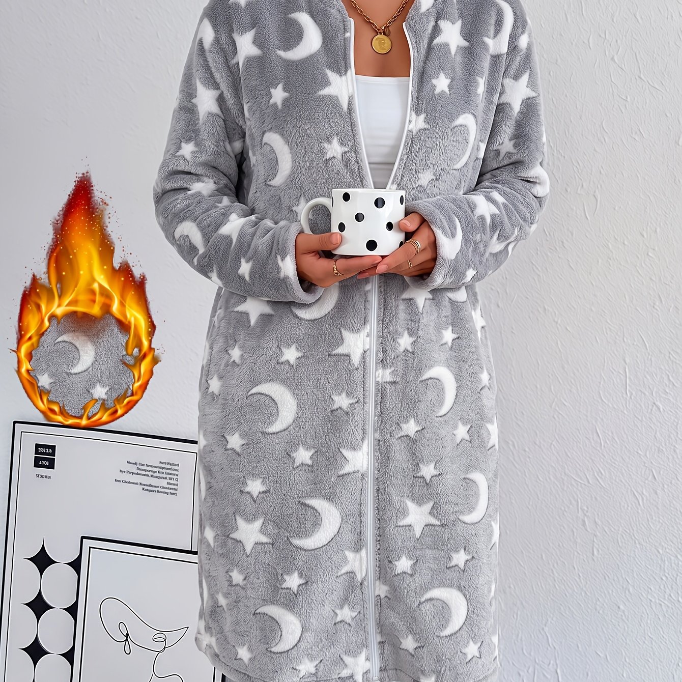 TEMU Autumn/winter Women's Flannel Star And Moon Pattern Zipper Pajama Robe, Plush Loungewear Nightgown With Pockets