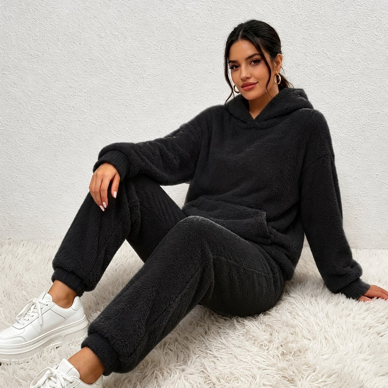 Image of Plus Size Cozy Women Teddy Fleece 2pcs Outfit, Long Sleeve Hooded Sweatshirt With Kangaroo Pocket & Fleece Lined Warm Pants, , Fall Winter Loungewear Set, Suitable For & Casual Outdoor Outfits