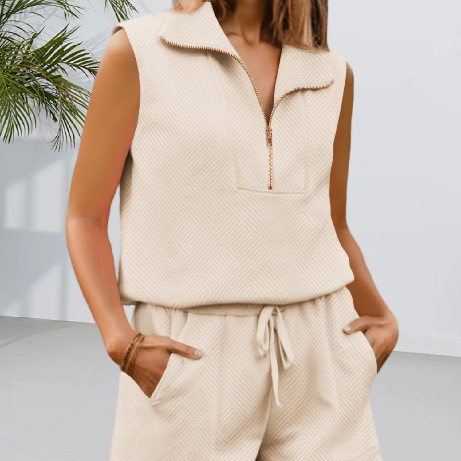 Women's 2pcs Short Sets Half Zip Sleeveless Tops Drawstring Shorts Casual Loungewear Sweatsuit