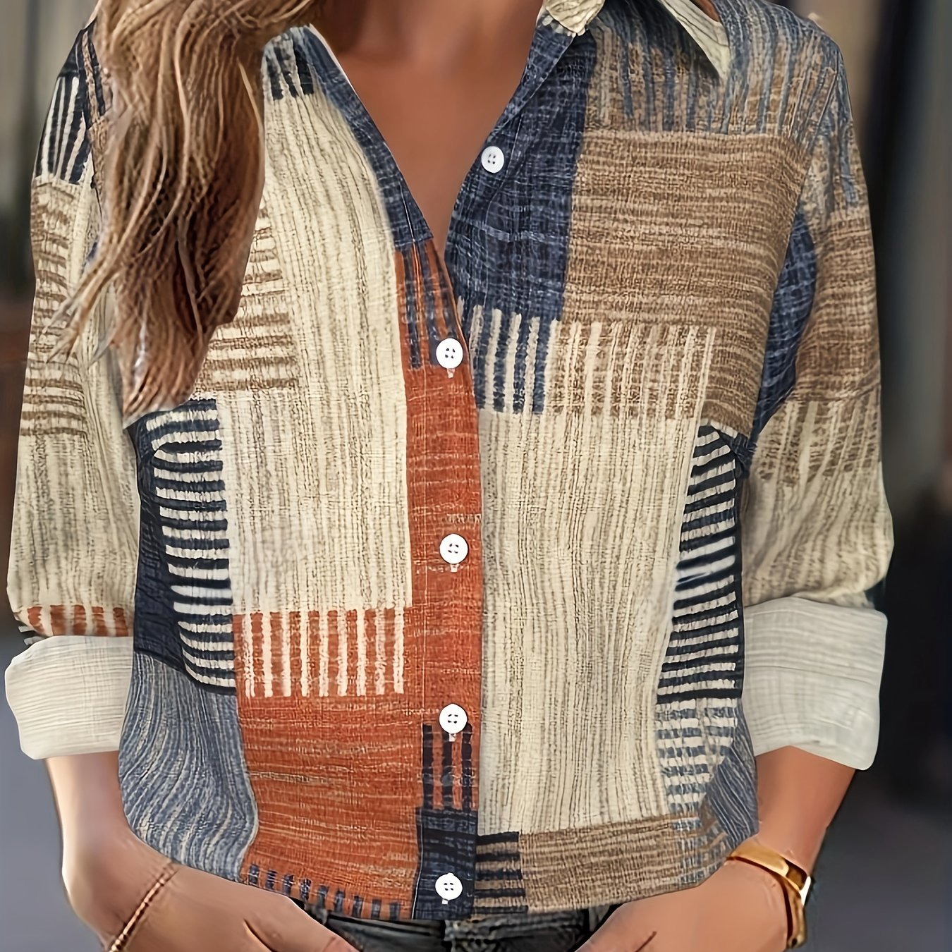 E-shop Plus Size Damen Elegantes Retro Geometrisches Druck Langarmhemd - Knopfleiste Casual Top mit Klassischem Kragen, Maschinenwaschbar, Vielseitig