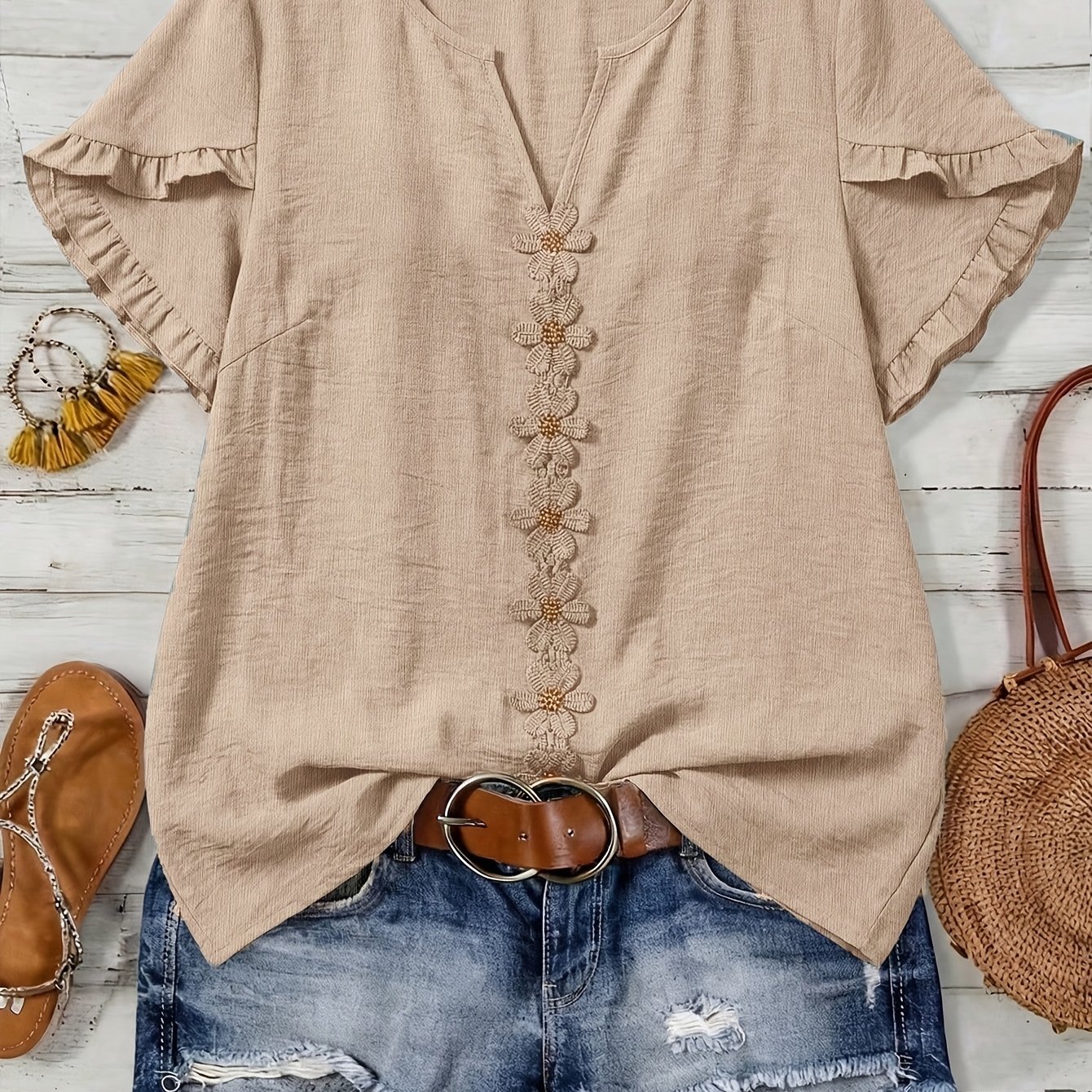 TEMU Targeted Dw260512028 Summer Breathable Women's Blouse, Cuffs And Floral Embroidered Keyhole Neckline Casual Shirt, Daily Vacation Versatile