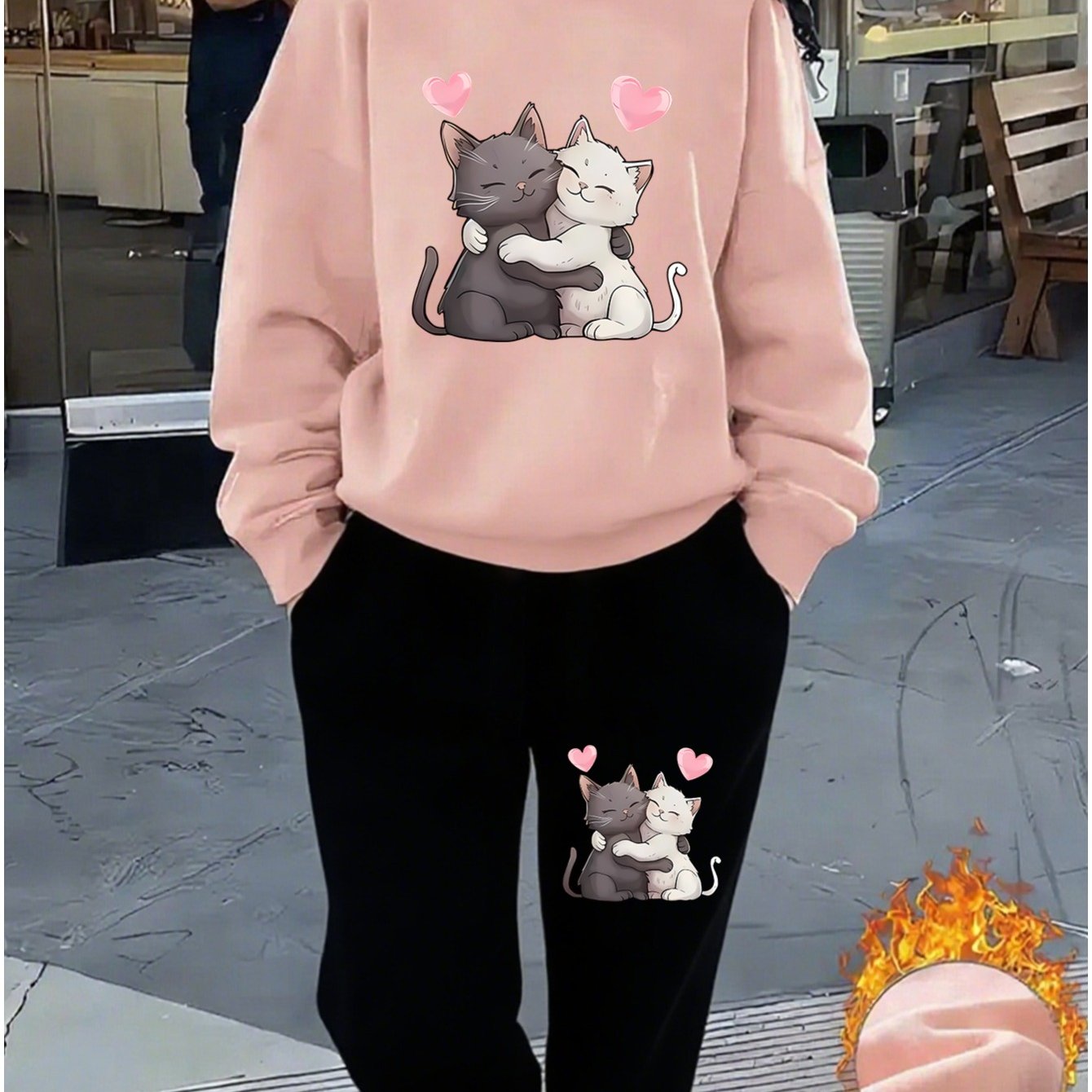 TEMU Heart Cat Hug Women's Casual Printed Round Neck Sweatshirt Set, Long Sleeve Top And Long Pants Outfit