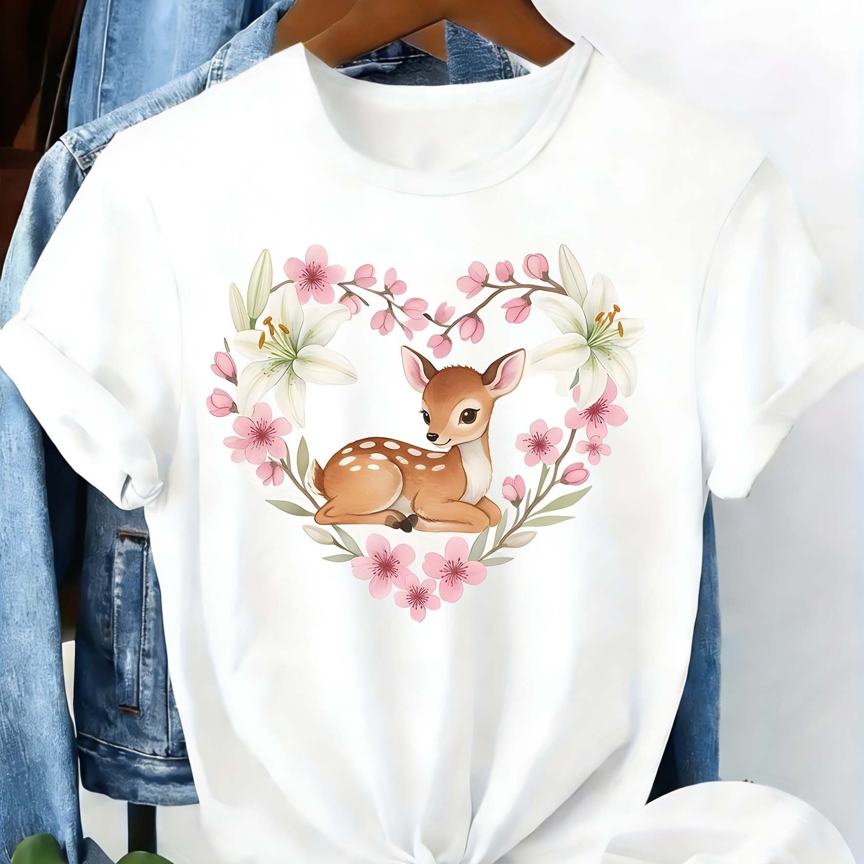 TEMU Plus Size, Women's Plus Size Short Sleeve T-shirt - Deer & Floral Wreath Print Blouse-compatible Top | Comfy Round Neck Suitable For Daily Wear,