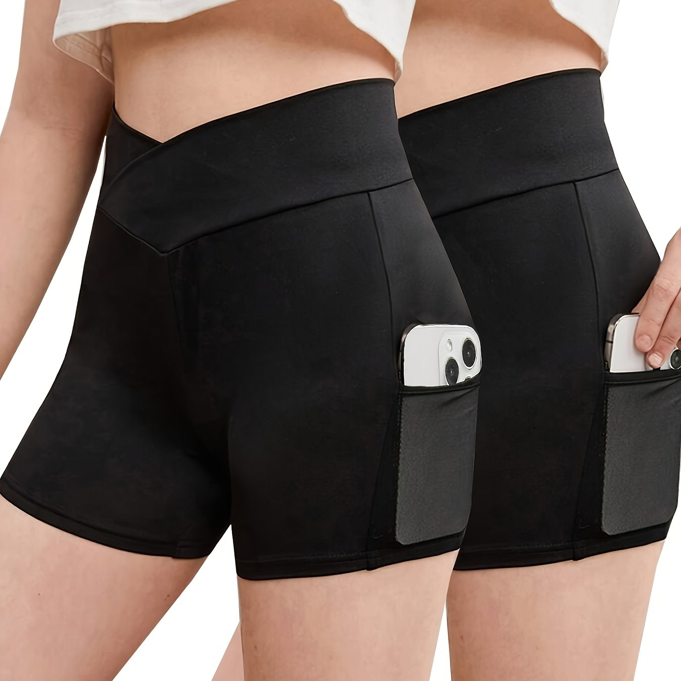 Image of 2 Pc Teen Girls Wide Waist High Stretch Cycling Shorts With Cell Phone Pocket High Waist Yoga And Daily Outerwear Base Layer Sports Shorts, For Outdoor