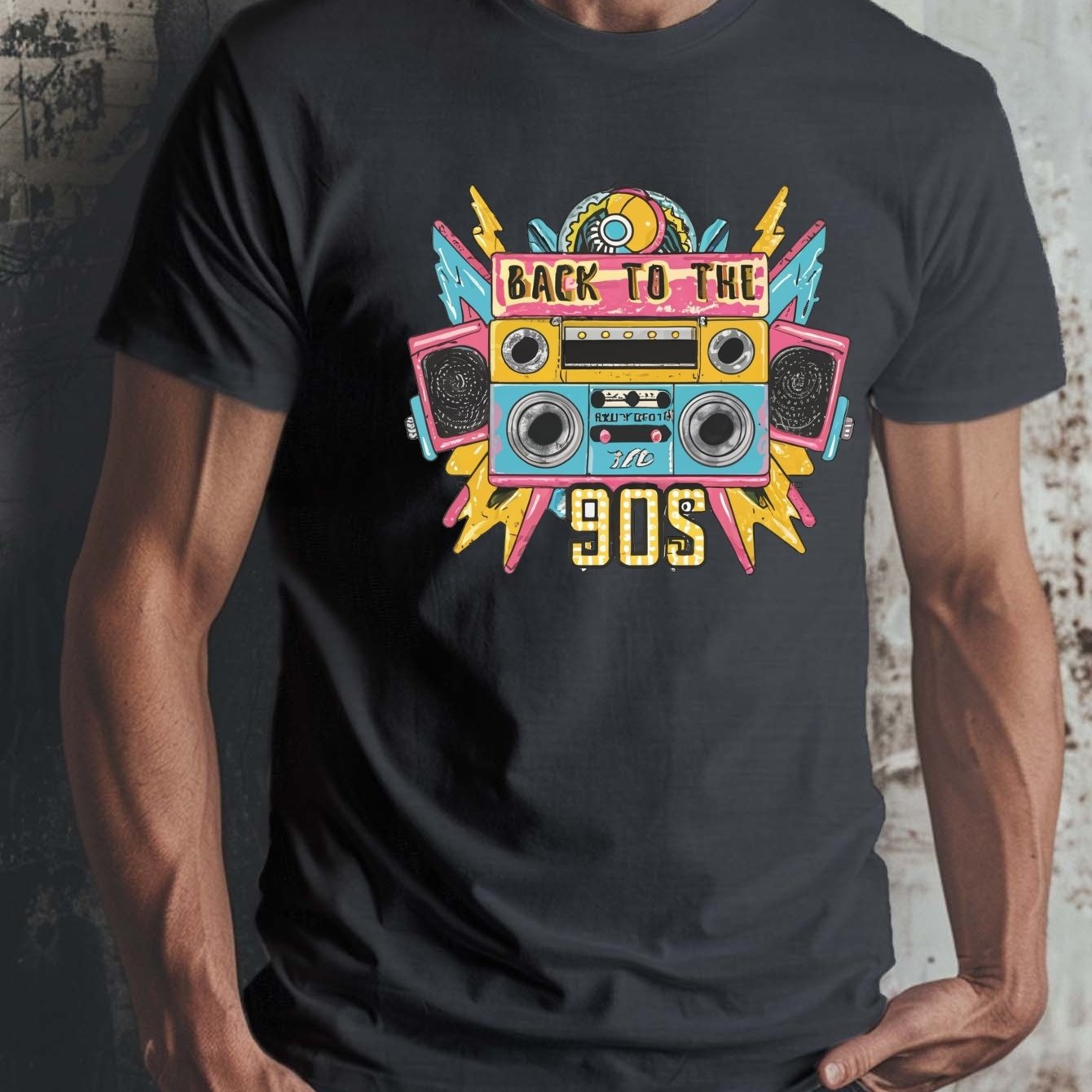 TEMU Retro 90s Vibe Men's T-shirt - Fit, Polyester, Geometric Pattern, Round Neck, Machine Washable - Casual Summer Tee