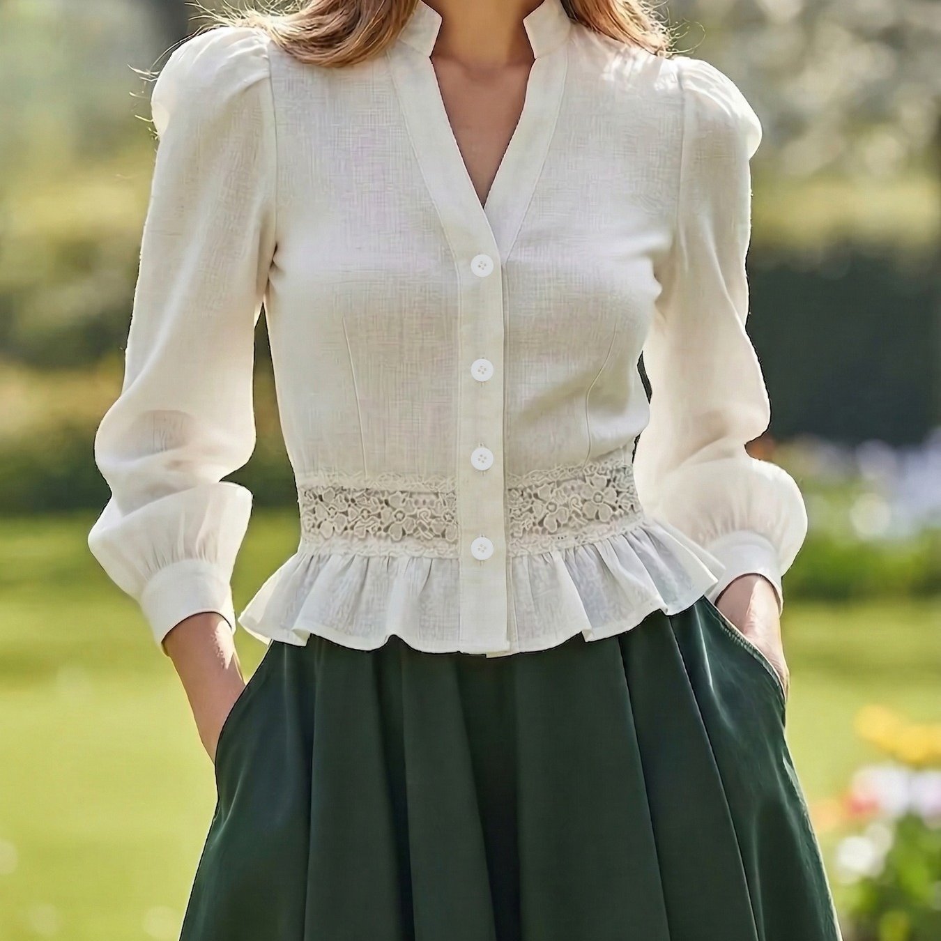 TEMU Vintage V-neck Puff Sleeve Blouse For Women, Lace With Ruffle Hem, Waist-cinching Commuter Top, No Belt
