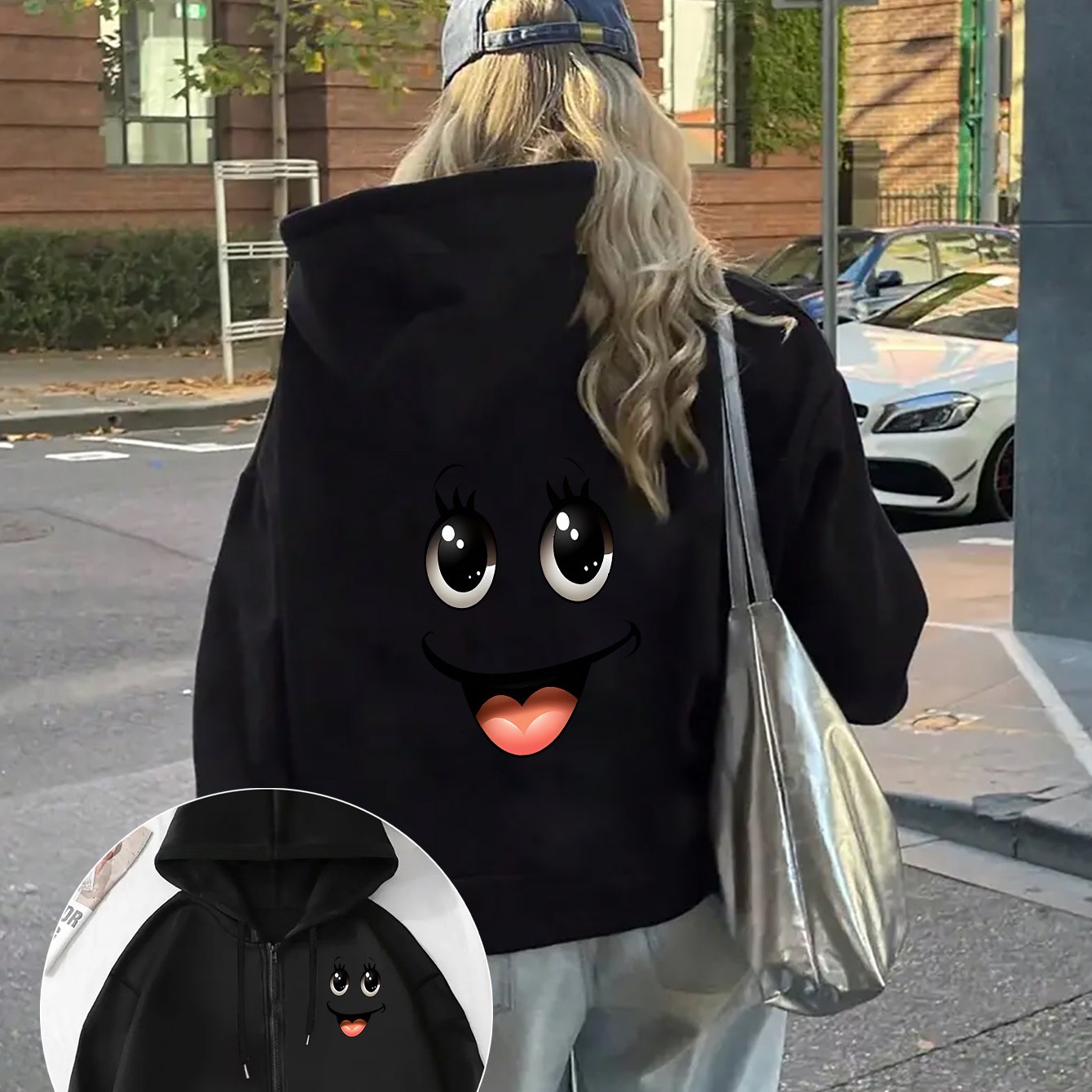 TEMU Women's Casual Cartoon Smile Print Hooded Zip-up Jacket - Long Sleeve With Pockets, Black With White & , Fall/winter, Autumn Winter Jacket |
