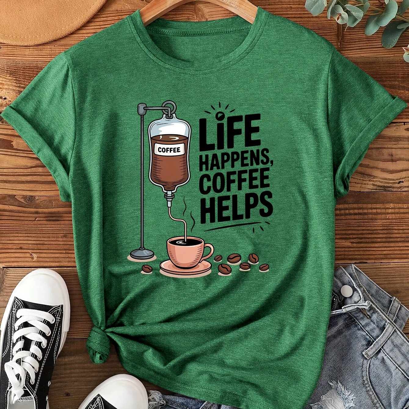 TEMU Women'-themed T-shirt With "coffee " Slogan - Casual Short Sleeve Blouse, Round Neck S-xxl Sizes, Machine Washable For Casual Attire - Cute &