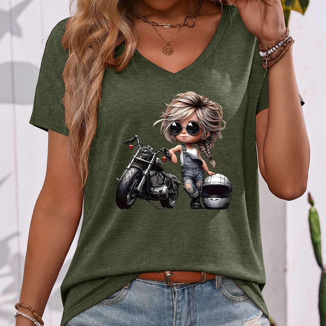 TEMU Women' Western Cowgirl T-shirt With Q-version Female Rider Print - V-neck Short Sleeve Casual Top, Stretch Blouse Suitable For Casual Attire,
