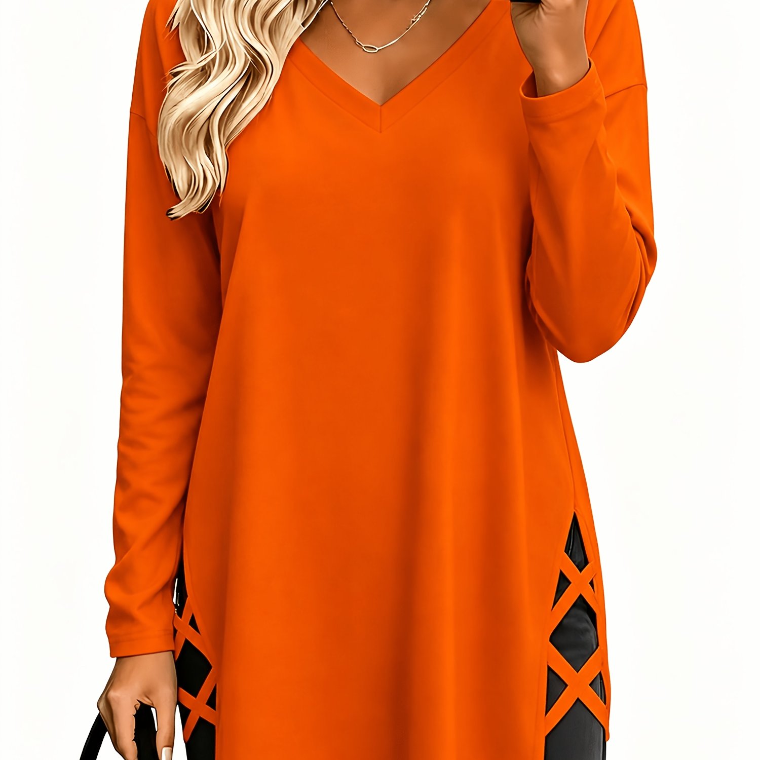 TEMU Women's Autumn/winter Long Sleeve Oversized V-neck Casual Midi Top, Soft And Comfortable Fabric, Shirt, Fashionable Side Slit Loose Long Sleeve
