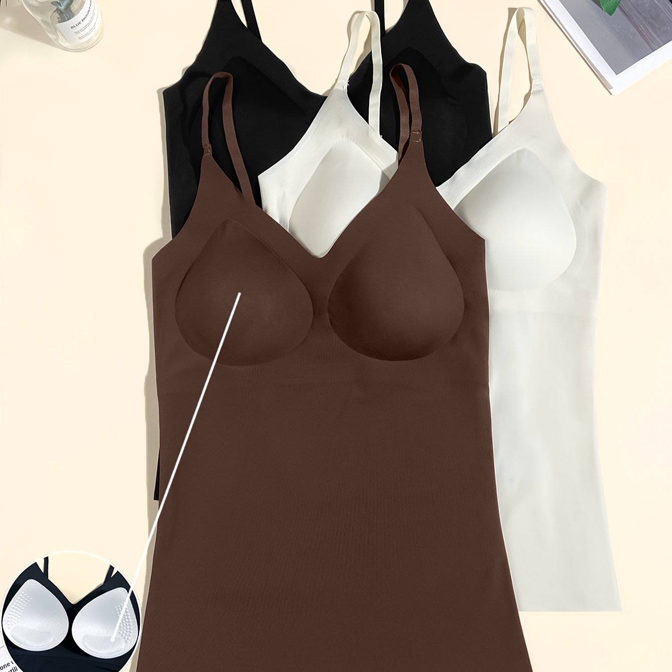 Image of 3pcs New Seamless Women's Camisole Tops With Adjustable Straps, Stretchy Comfortable Detachable Pads For Layering Or Wearing Alone, Ideal For Sports And Fitness