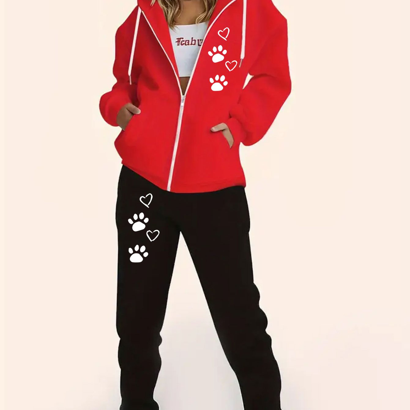 TEMU Cartoon Cat Paw And Heart Pattern Print, New Autumn And Winter Women's Fleece Sweatshirt From Europe And America, Zip Pocket Hooded Sweatshirt