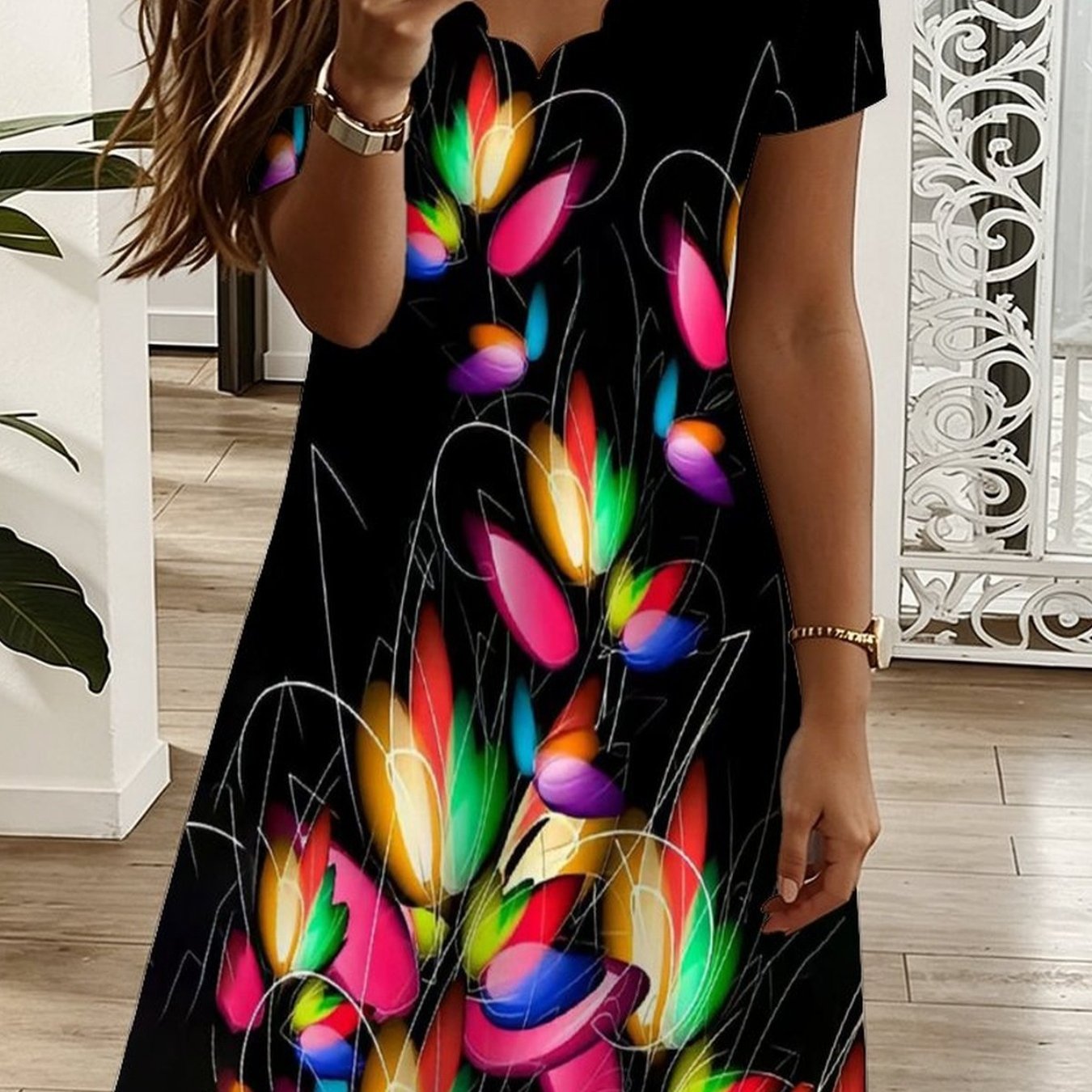 Plus Size - Summer -neck Short Sleeve Dress, All Over Geometric , Elegant Women Dress For Vacation Casual Party
