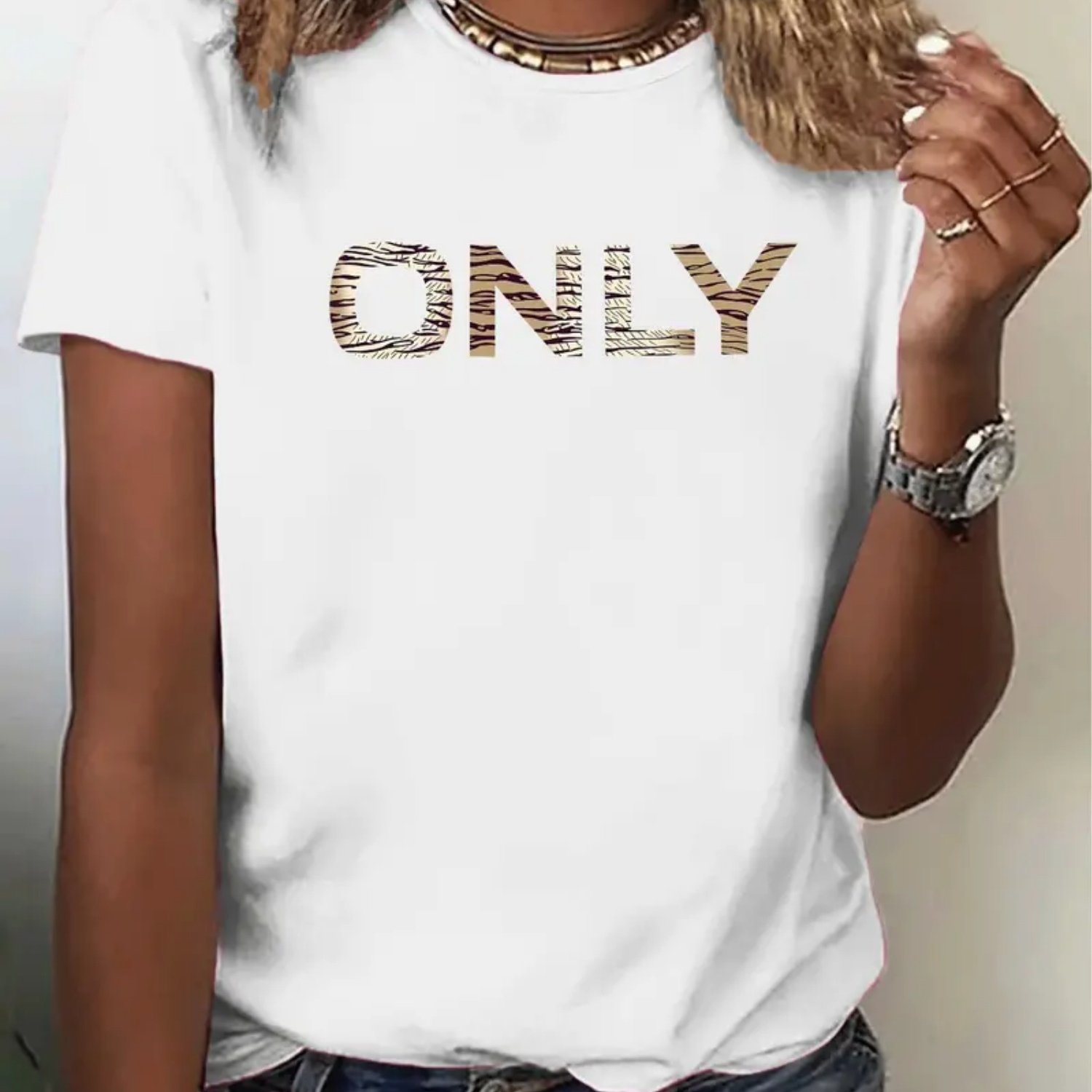 E-shop ONLY Damen Sommer Freizeit Sportliches Pullover-T-Shirt mit Rundhalsausschnitt Buchstaben-Aufdruck, bequemes Kurzarm-Top